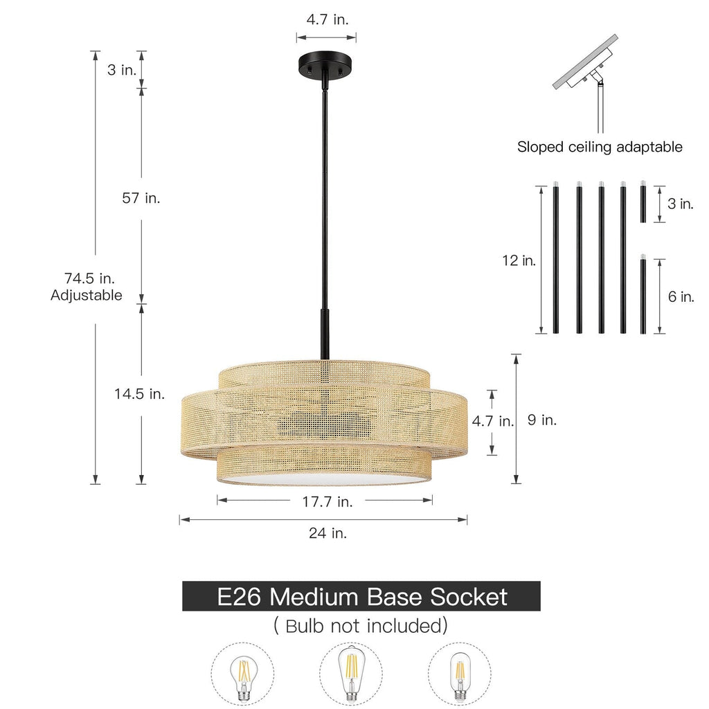 Bayou 5-flammiger schwarzer Küsten-Trommel-Kronleuchter mit doppeltem Rattanschirm – 61 cm breit