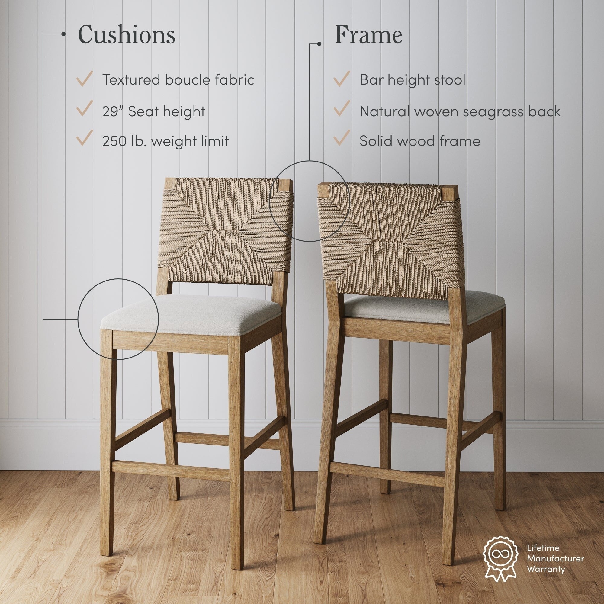 Beacon Bohemian Bouclé Barhocker, gepolsterter Tresenstuhl mit Massivholzgestell und Rückenlehne aus gewebtem Seegras.