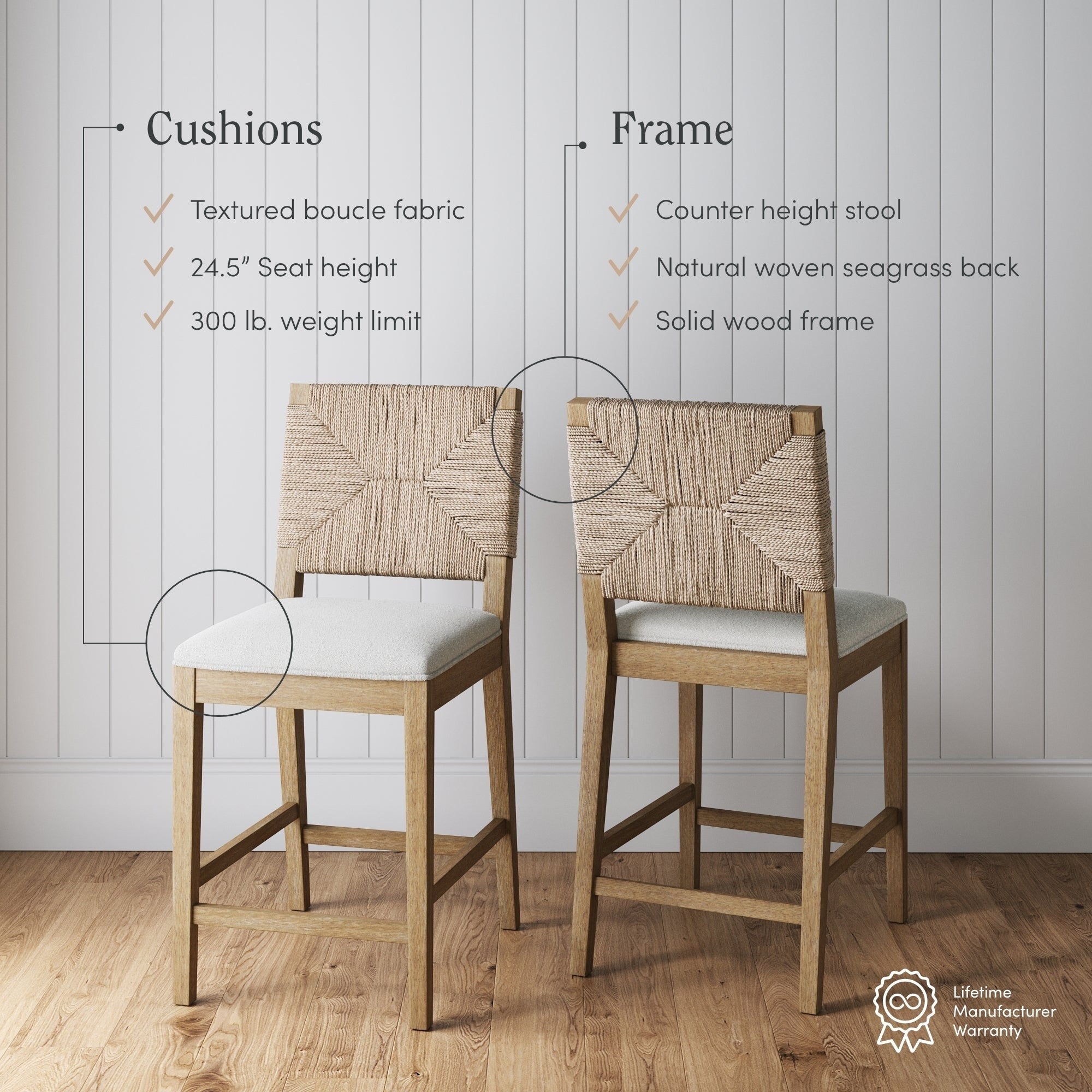 Beacon Bohemian Bouclé Barhocker, gepolsterter Tresenstuhl mit Massivholzgestell und Rückenlehne aus gewebtem Seegras.