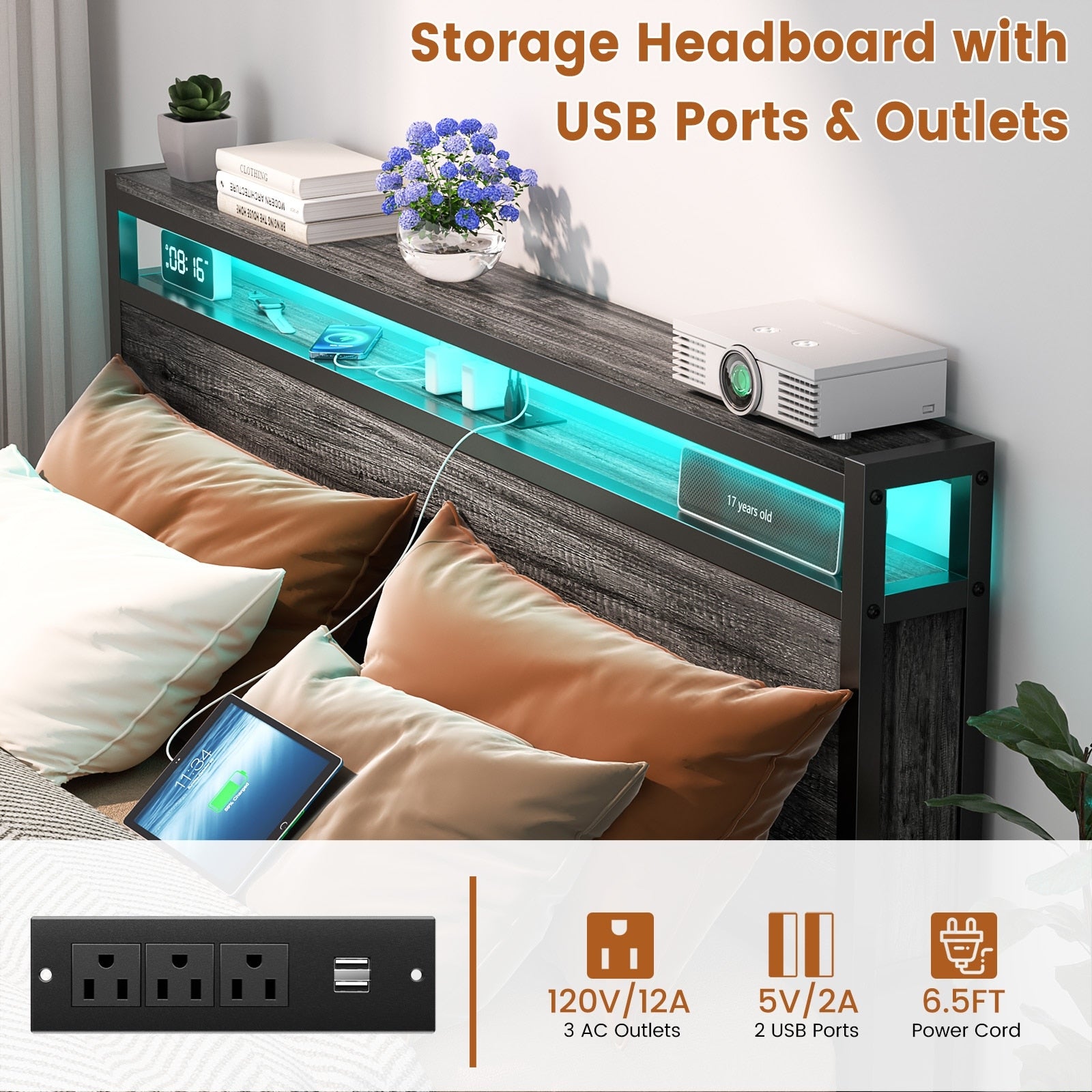 Landhaus-Holzplattformbettgestell mit Ladestation und LED-Beleuchtung