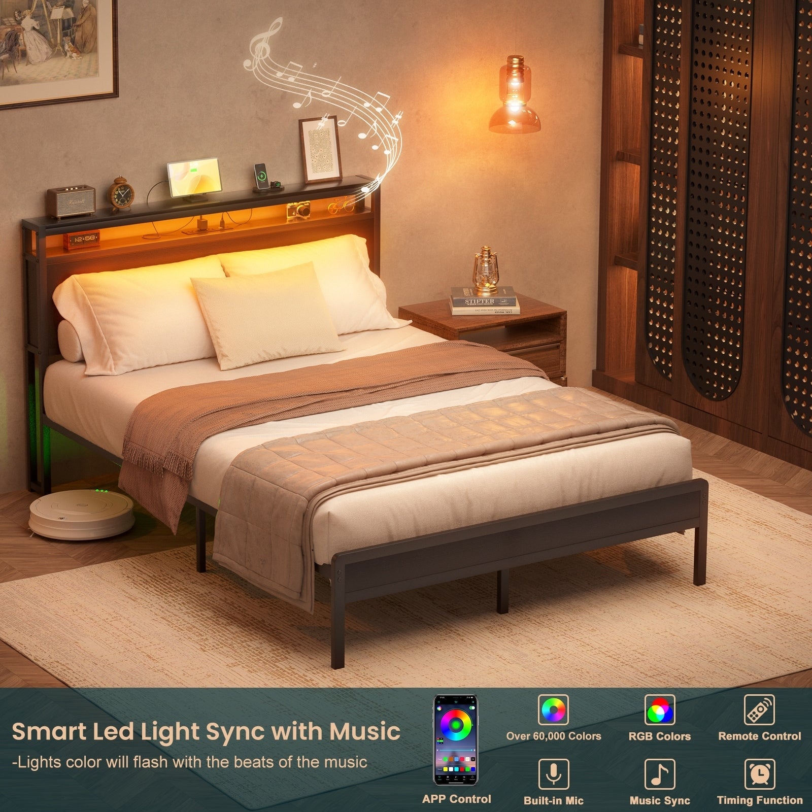 Landhaus-Holzplattformbettgestell mit Ladestation und LED-Beleuchtung