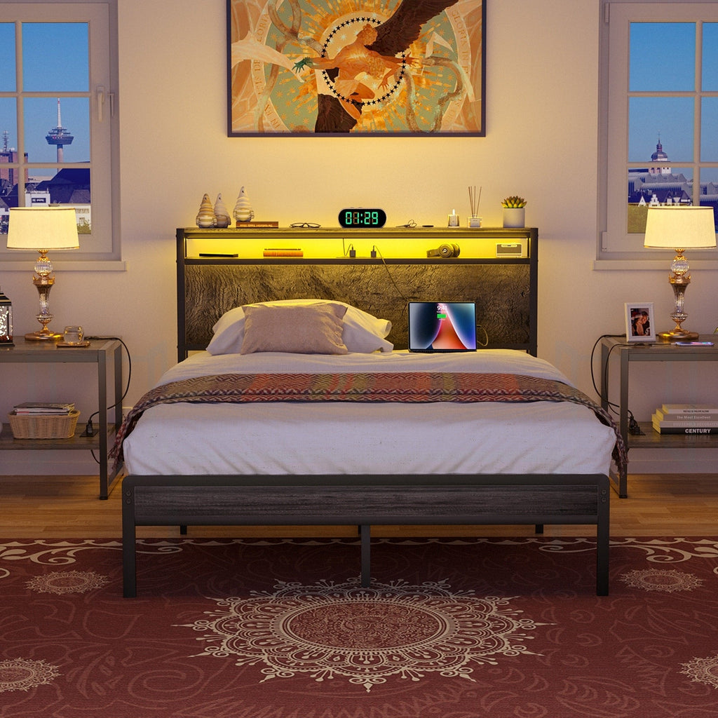 Landhaus-Holzplattformbettgestell mit Ladestation und LED-Beleuchtung