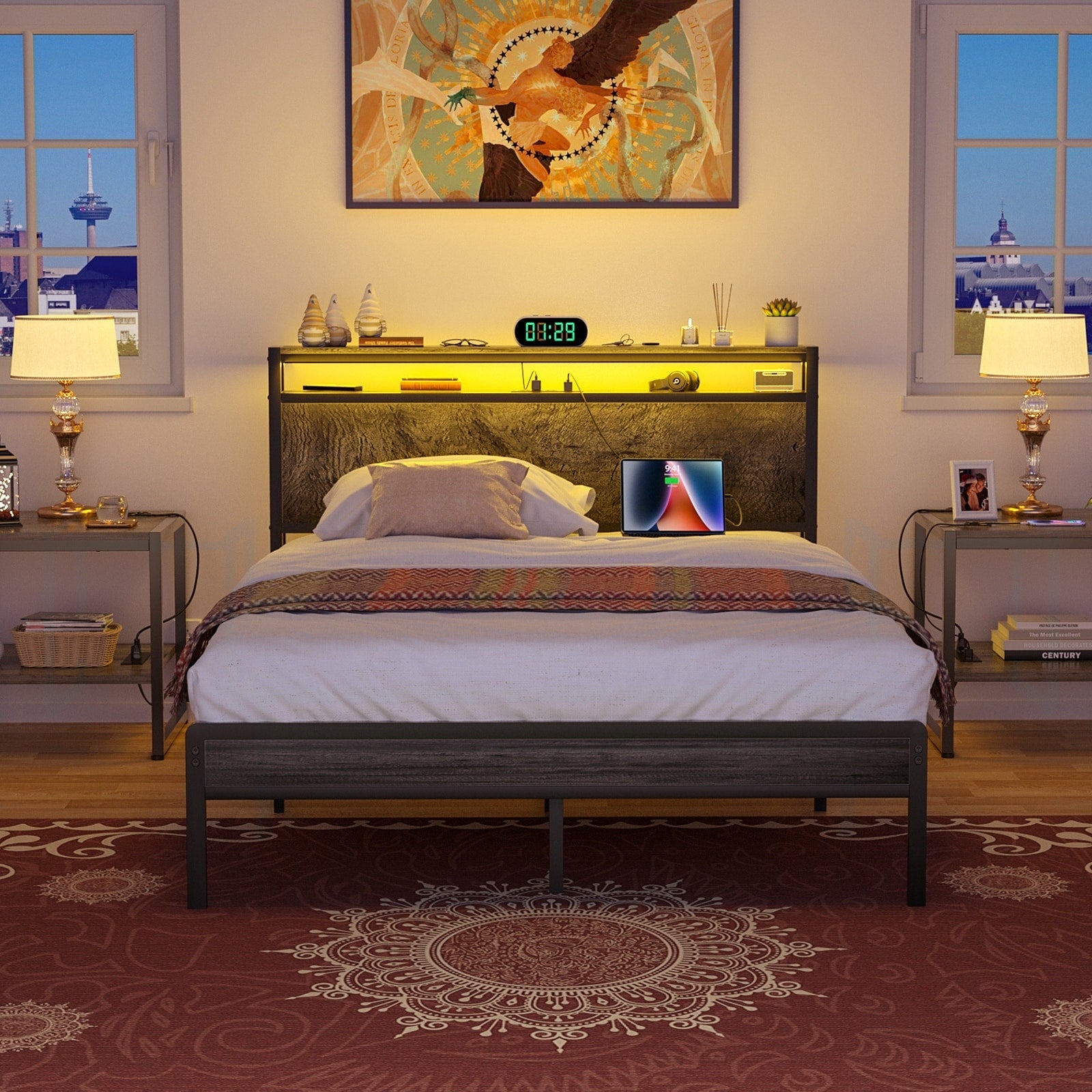 Landhaus-Holzplattformbettgestell mit Ladestation und LED-Beleuchtung