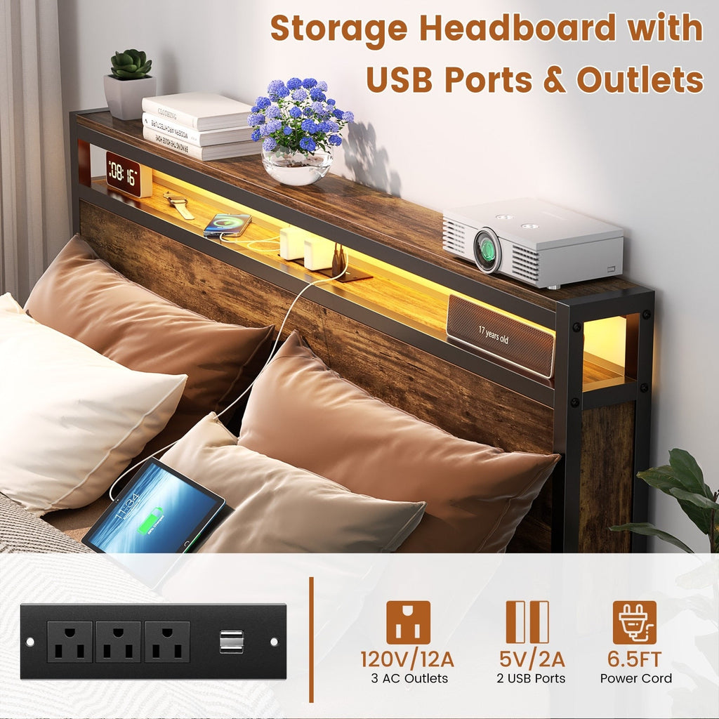 Landhaus-Holzplattformbettgestell mit Ladestation und LED-Beleuchtung