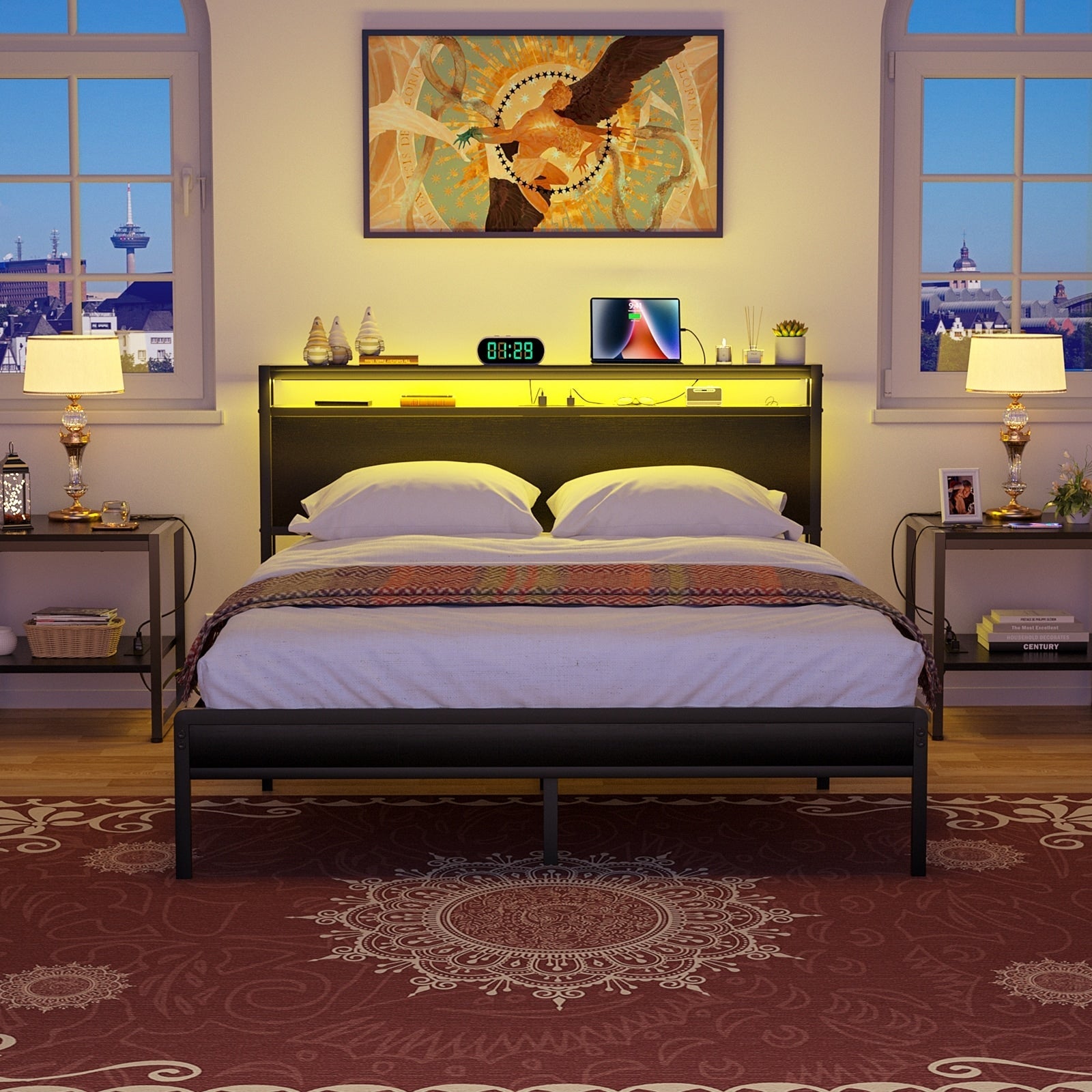 Landhaus-Holzplattformbettgestell mit Ladestation und LED-Beleuchtung