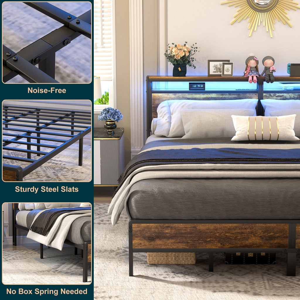 Landhaus-Holzplattformbettgestell mit Ladestation und LED-Beleuchtung