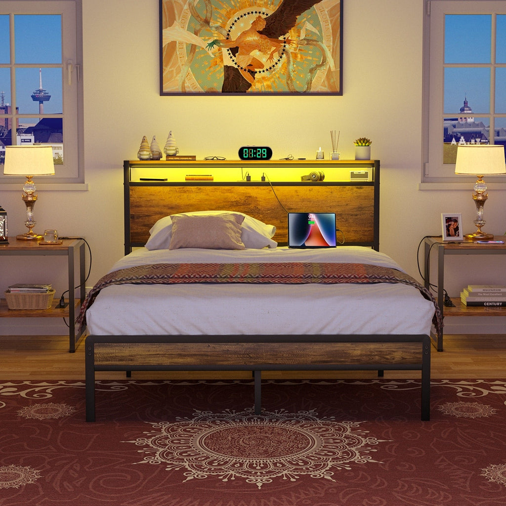 Landhaus-Holzplattformbettgestell mit Ladestation und LED-Beleuchtung