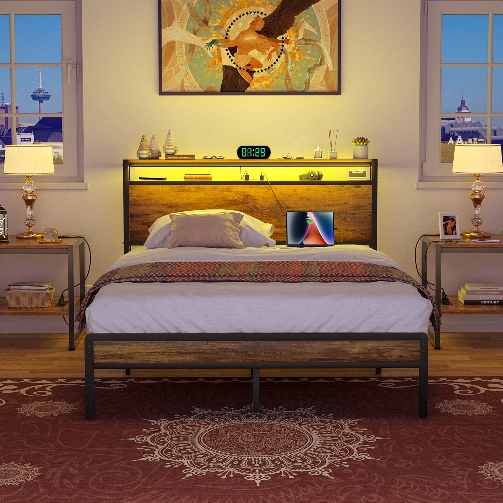 Landhaus-Holzplattformbettgestell mit Ladestation und LED-Beleuchtung