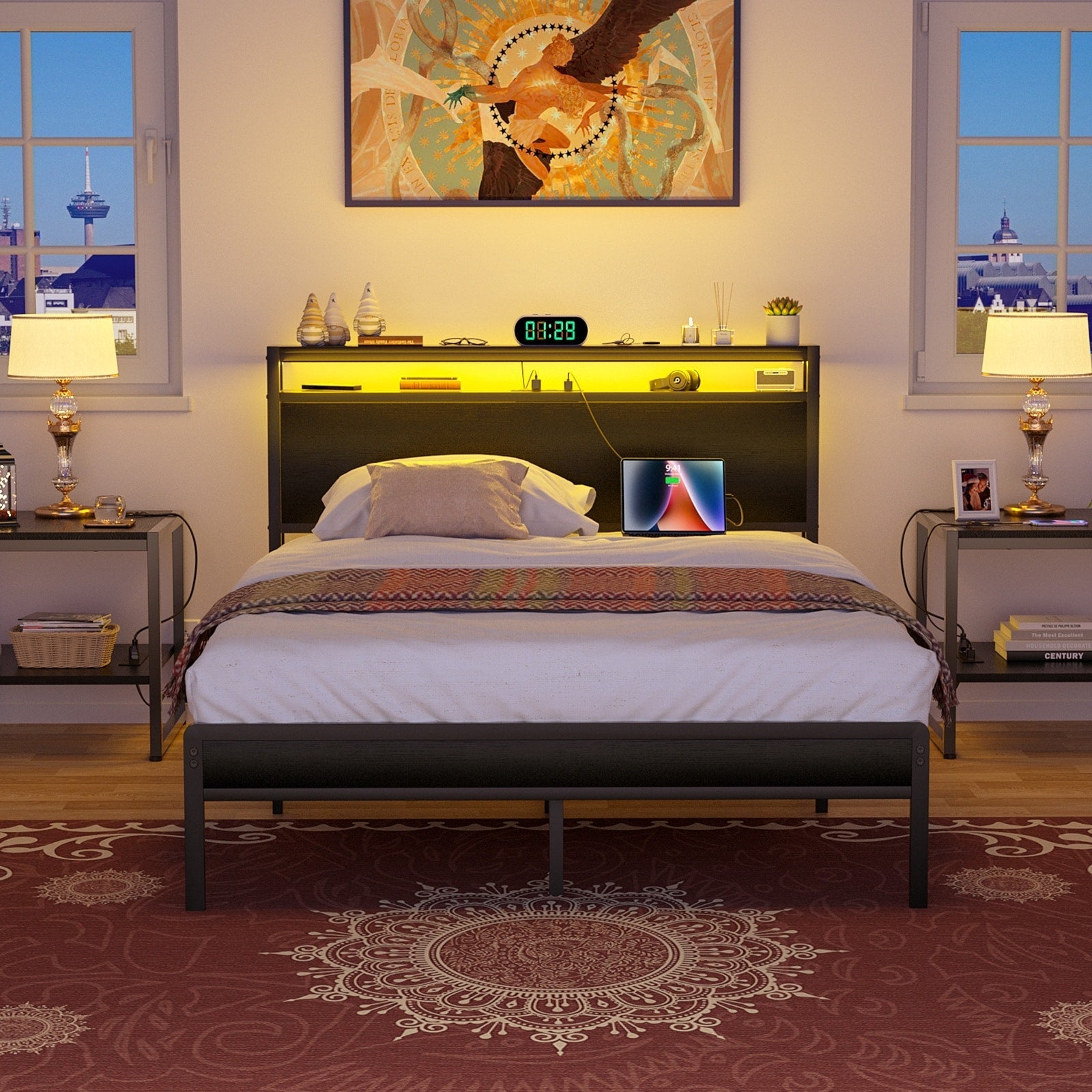 Landhaus-Holzplattformbettgestell mit Ladestation und LED-Beleuchtung