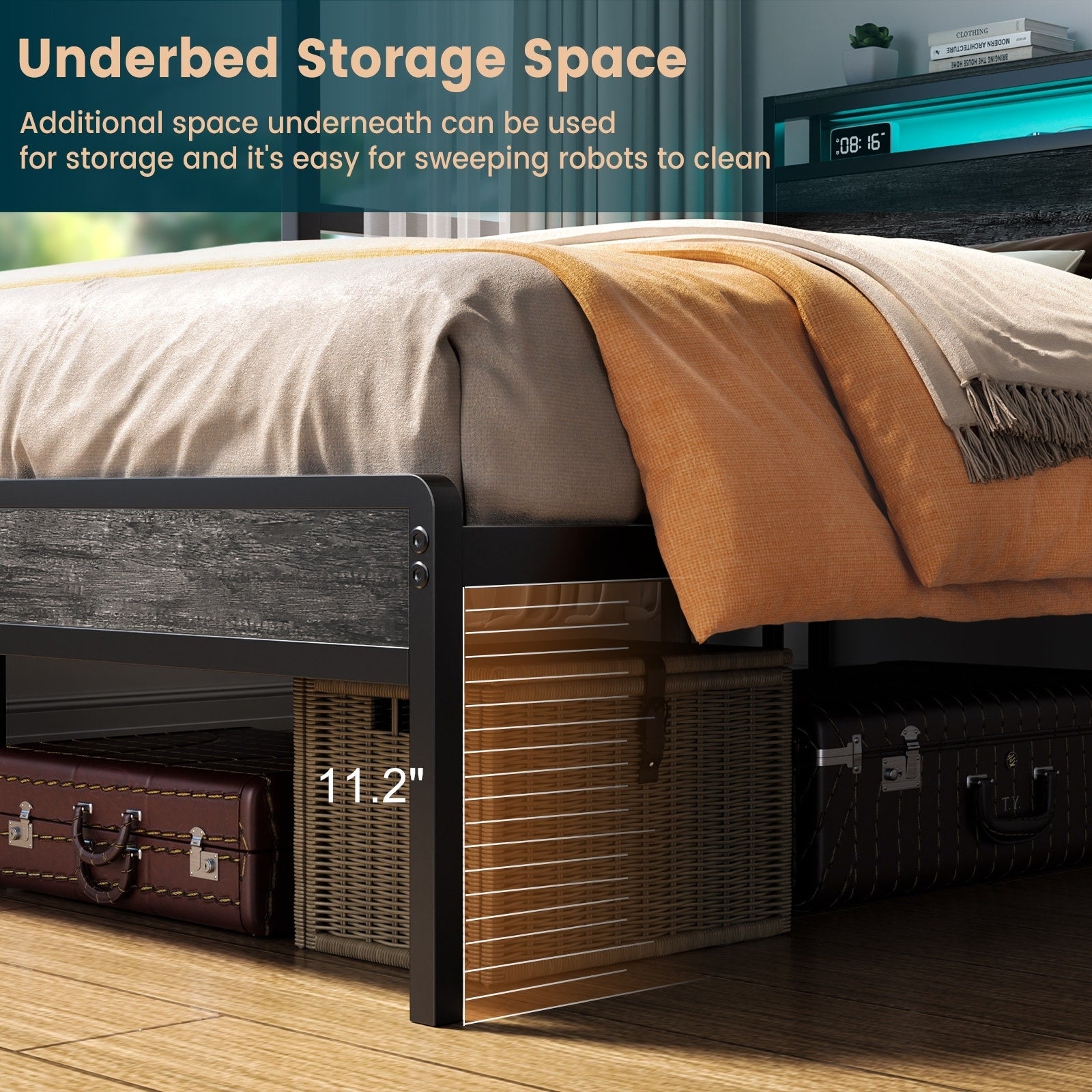 Landhaus-Holzplattformbettgestell mit Ladestation und LED-Beleuchtung