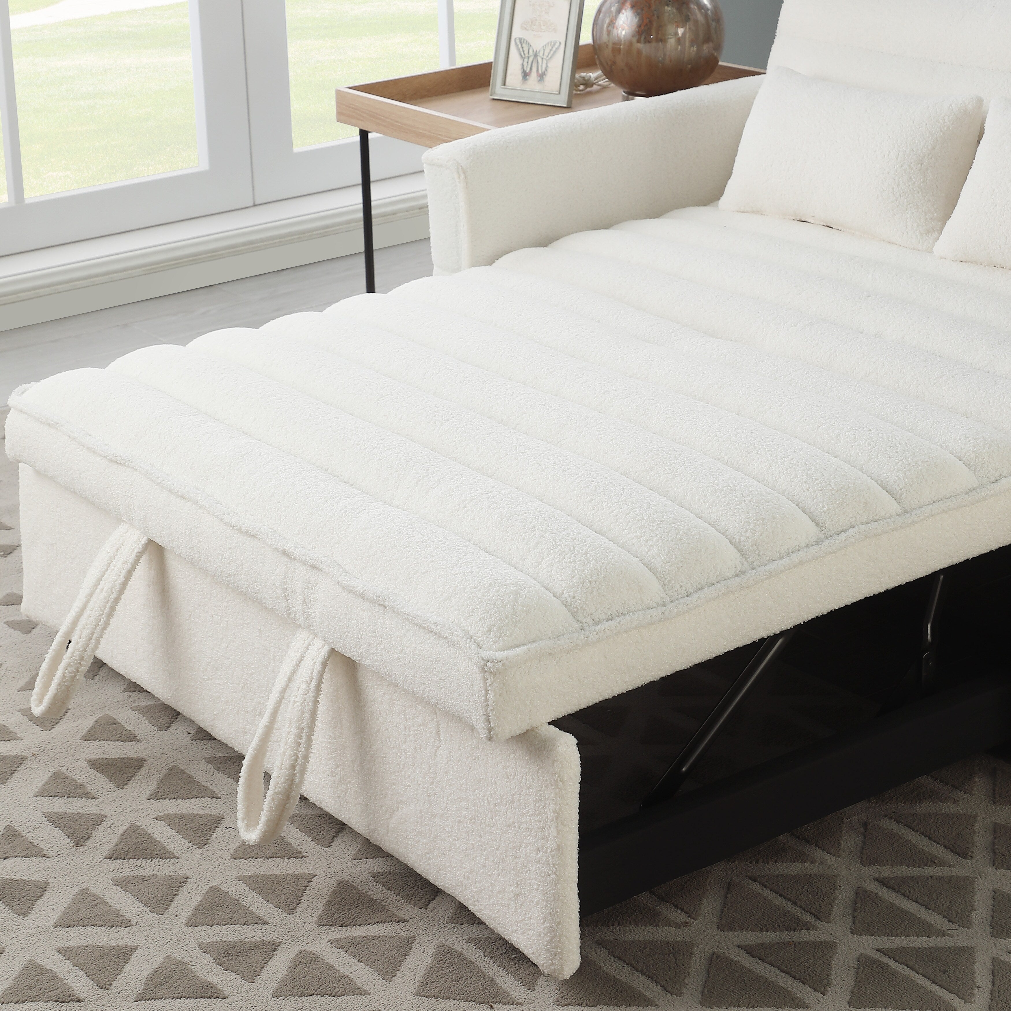 Beigefarbenes 55,12 Bouclé-Zweisitzer-Schlafsofa mit verstellbarer Rückenlehne und 2 Lendenkissen für das Wohnzimmer