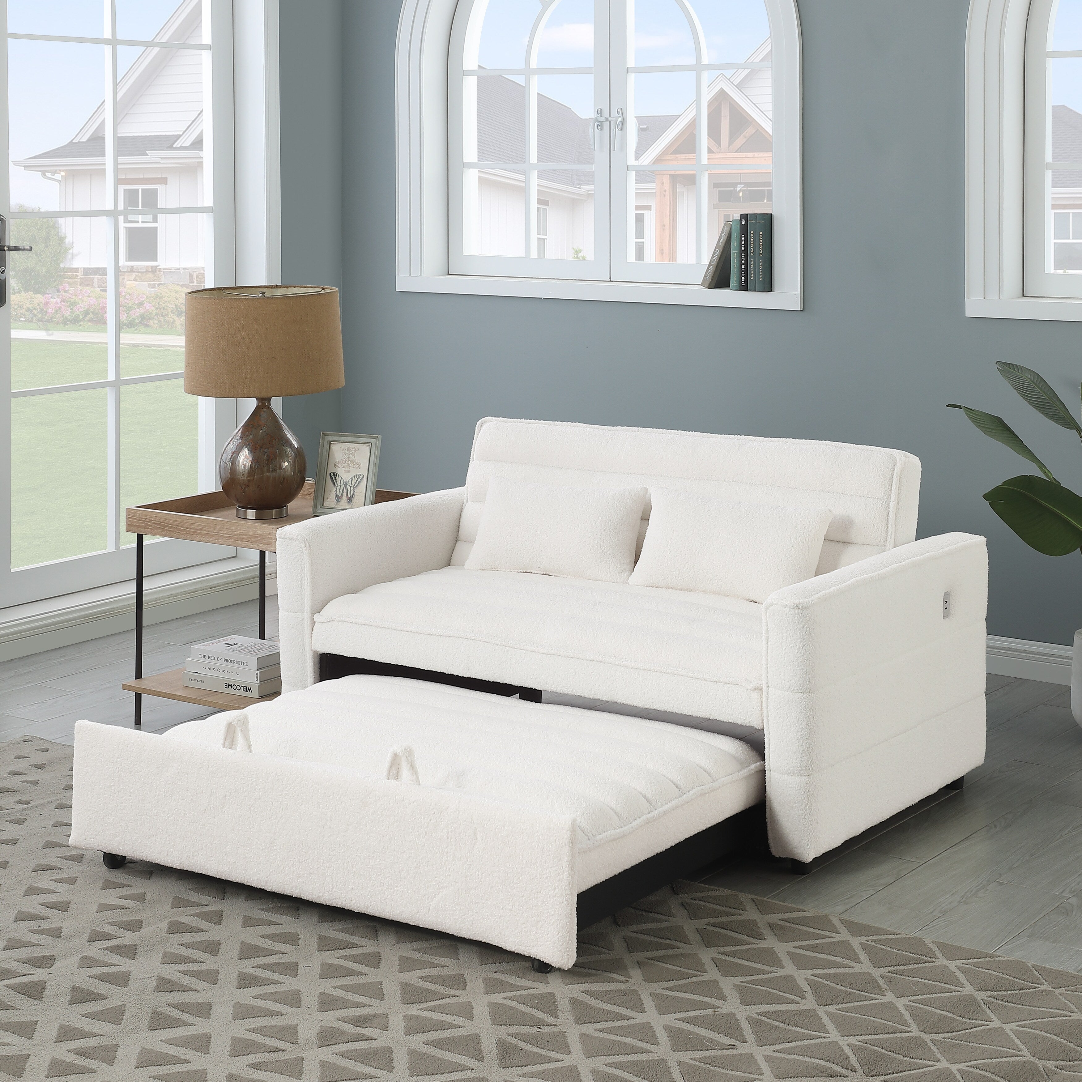 Beigefarbenes 55,12 Bouclé-Zweisitzer-Schlafsofa mit verstellbarer Rückenlehne und 2 Lendenkissen für das Wohnzimmer