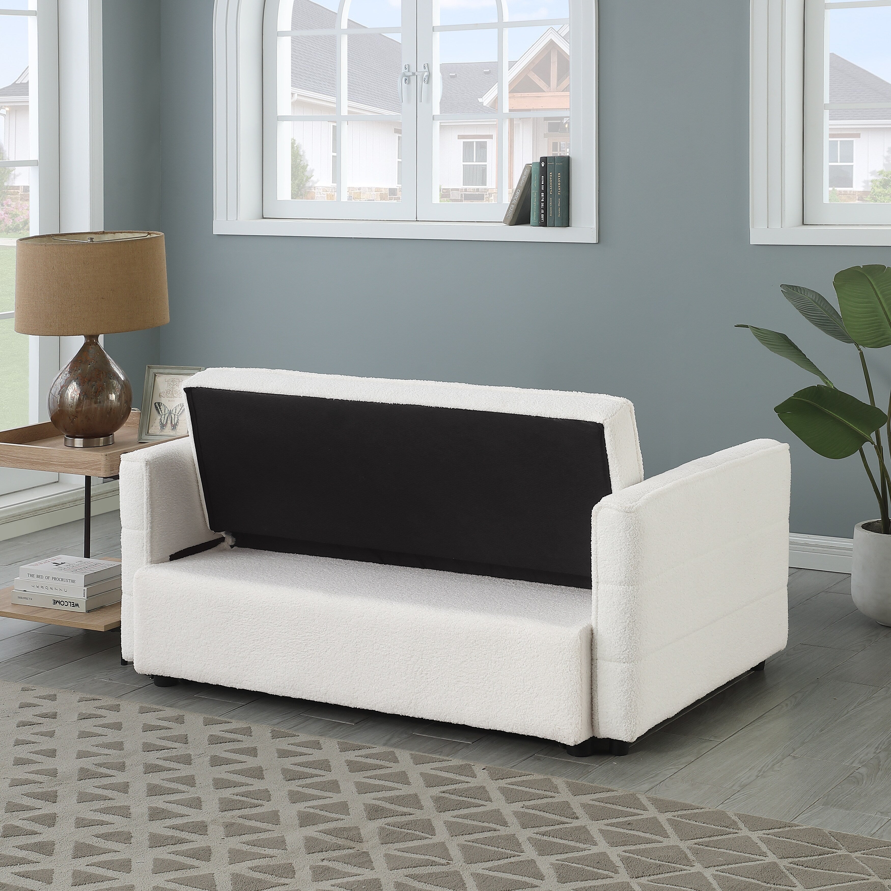 Beigefarbenes 55,12 Bouclé-Zweisitzer-Schlafsofa mit verstellbarer Rückenlehne und 2 Lendenkissen für das Wohnzimmer