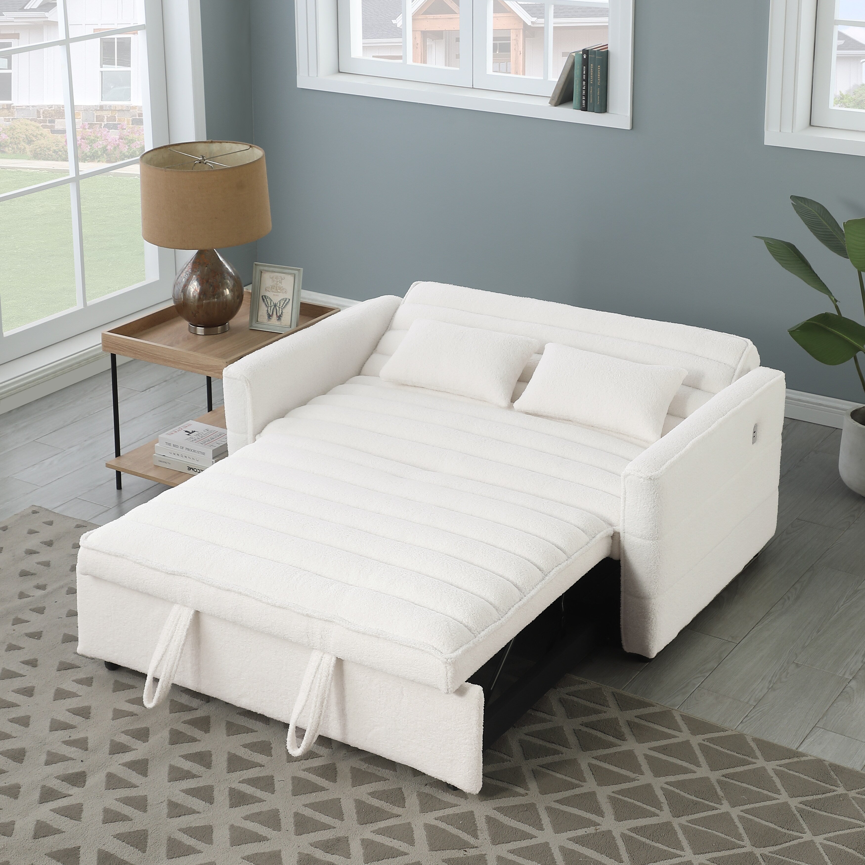 Beigefarbenes 55,12 Bouclé-Zweisitzer-Schlafsofa mit verstellbarer Rückenlehne und 2 Lendenkissen für das Wohnzimmer