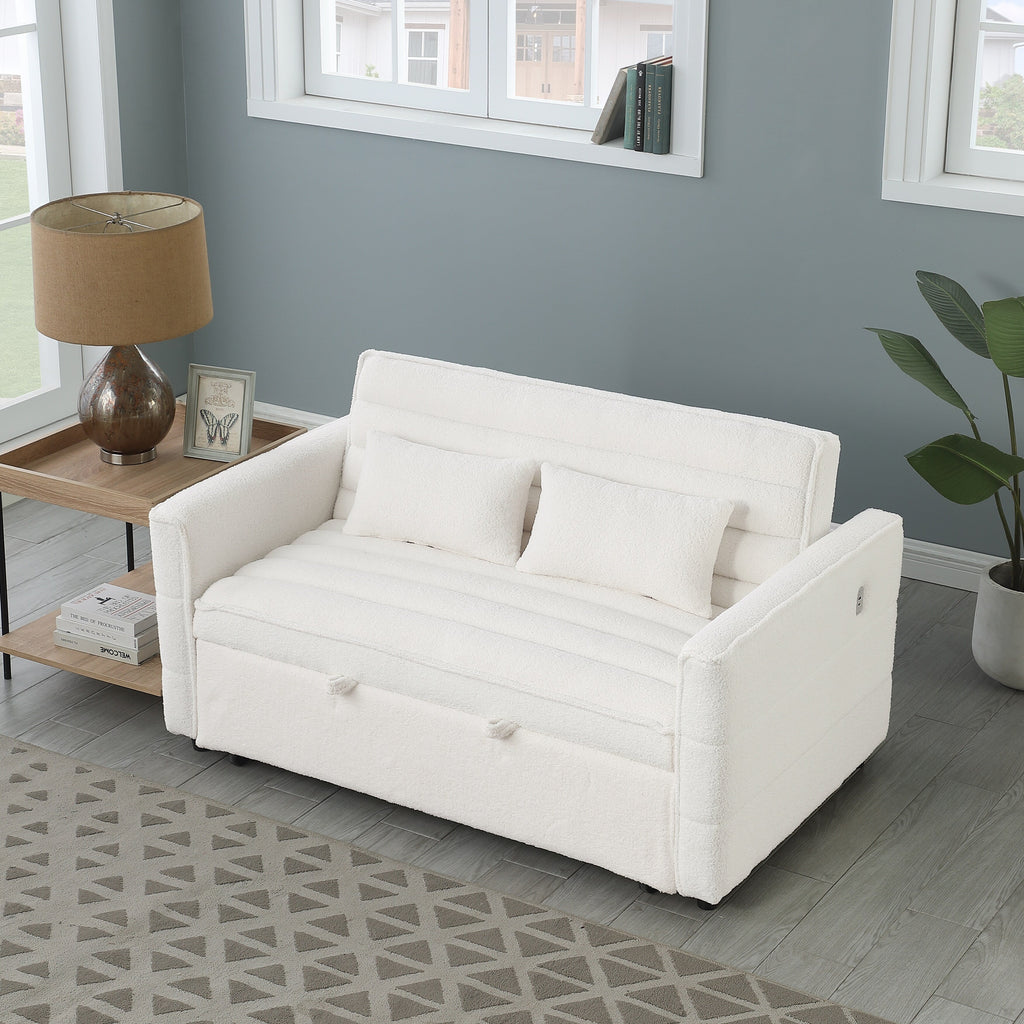 Beigefarbenes 55,12 Bouclé-Zweisitzer-Schlafsofa mit verstellbarer Rückenlehne und 2 Lendenkissen für das Wohnzimmer