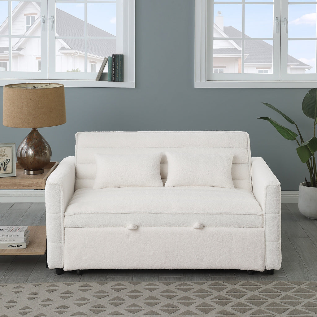 Beigefarbenes 55,12 Bouclé-Zweisitzer-Schlafsofa mit verstellbarer Rückenlehne und 2 Lendenkissen für das Wohnzimmer
