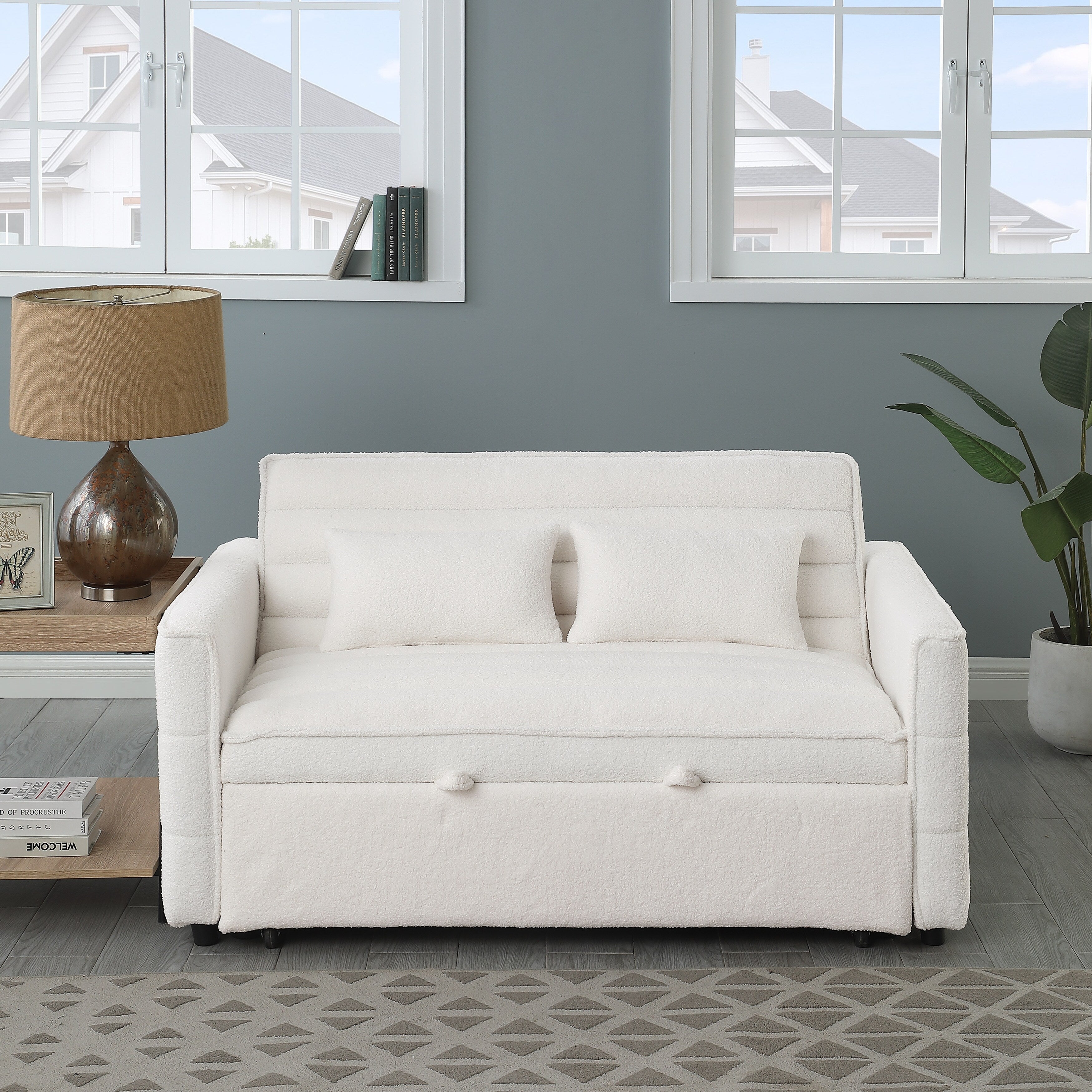 Beigefarbenes 55,12 Bouclé-Zweisitzer-Schlafsofa mit verstellbarer Rückenlehne und 2 Lendenkissen für das Wohnzimmer