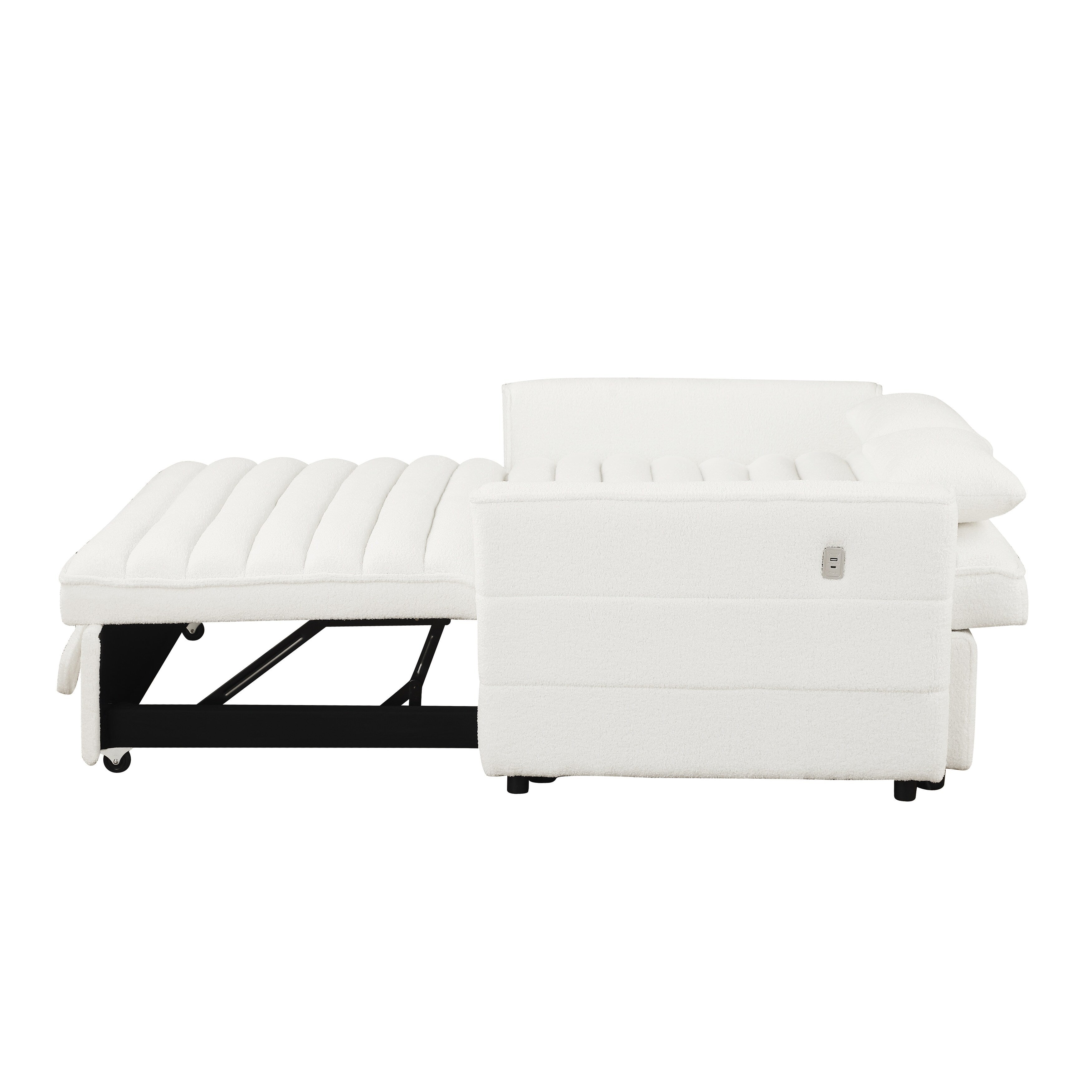 Beigefarbenes 55,12 Bouclé-Zweisitzer-Schlafsofa mit verstellbarer Rückenlehne und 2 Lendenkissen für das Wohnzimmer