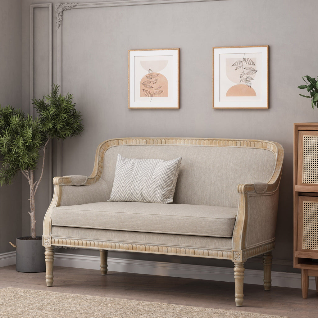 Beige-braunes Zweisitzer-Sofa aus Holz mit Rahmen aus Gummibaumholz
