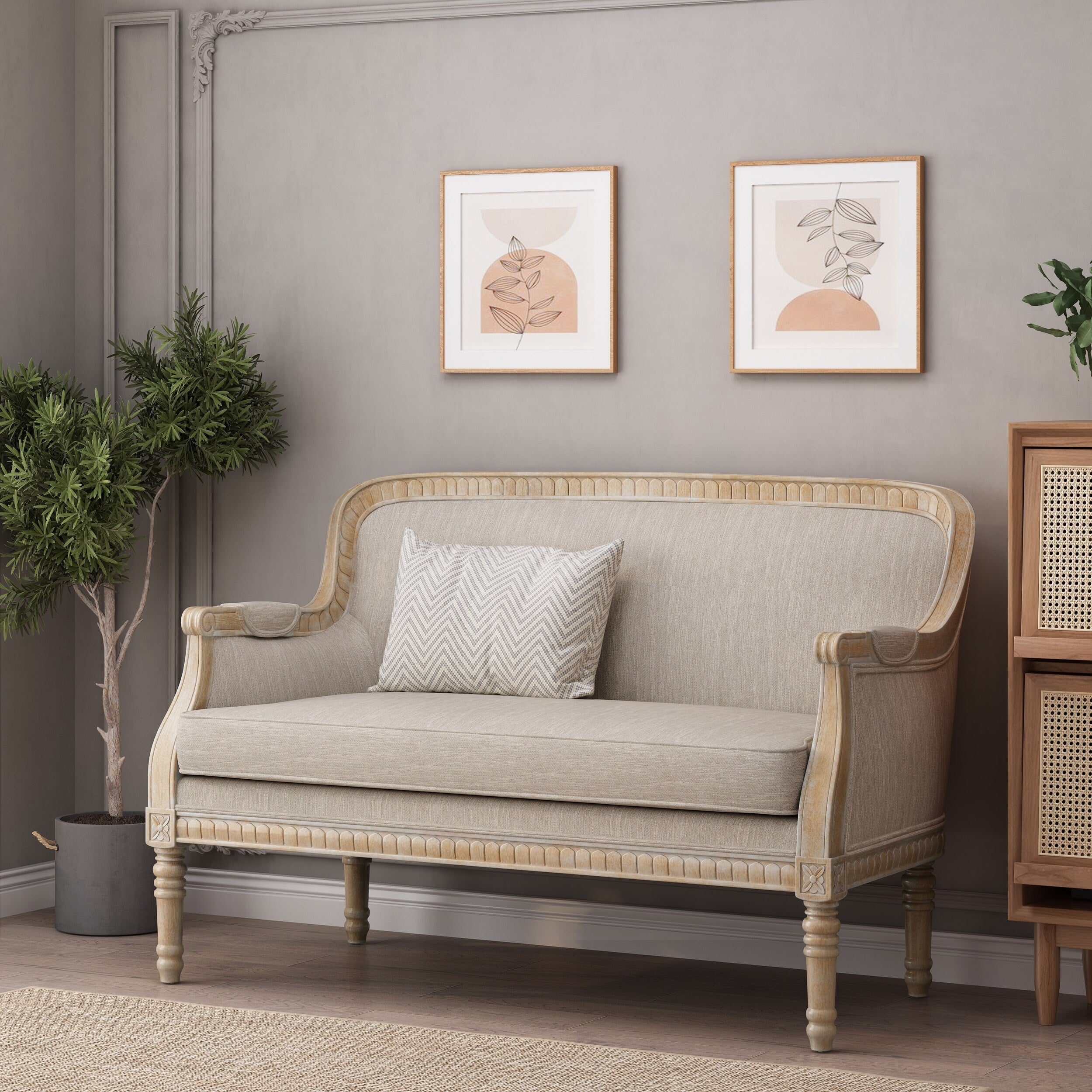 Beige-braunes Zweisitzer-Sofa aus Holz mit Rahmen aus Gummibaumholz