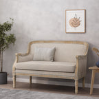 Beige-braunes Zweisitzer-Sofa aus Holz mit Rahmen aus Gummibaumholz