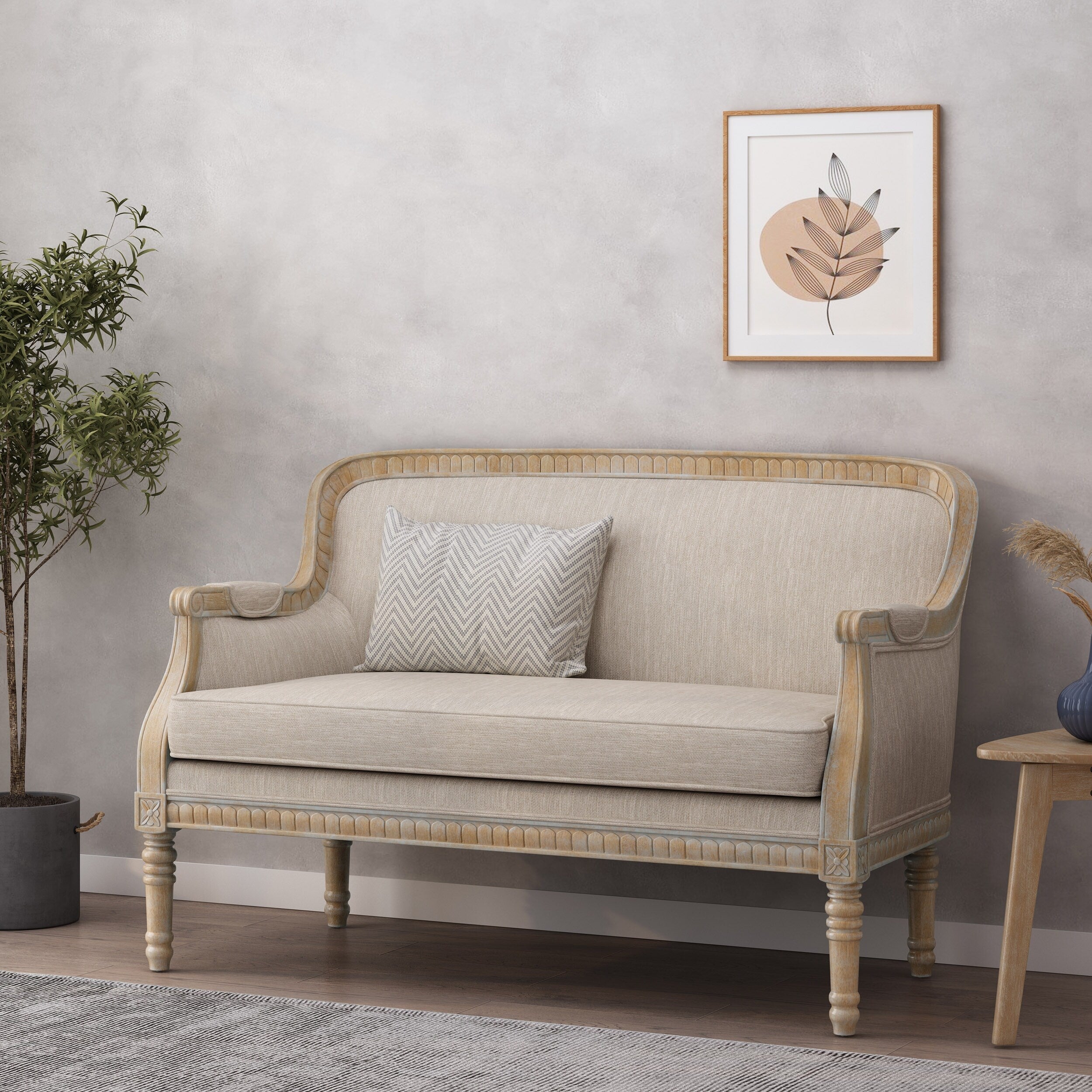 Beige-braunes Zweisitzer-Sofa aus Holz mit Rahmen aus Gummibaumholz