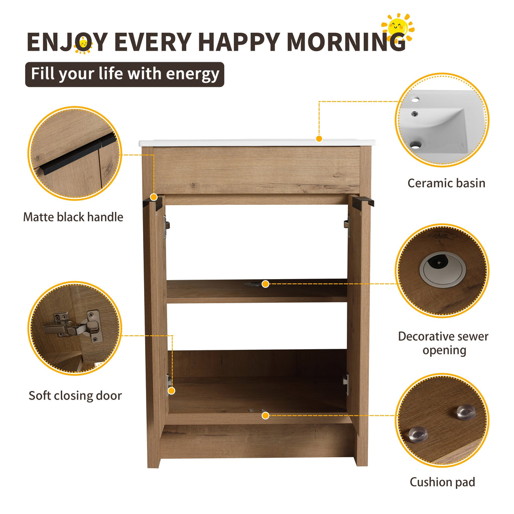 Beingnext 24/30/36 Waschtisch mit Waschbecken, freistehender Waschtisch mit Soft-Close-Tür und verstellbarem Regal