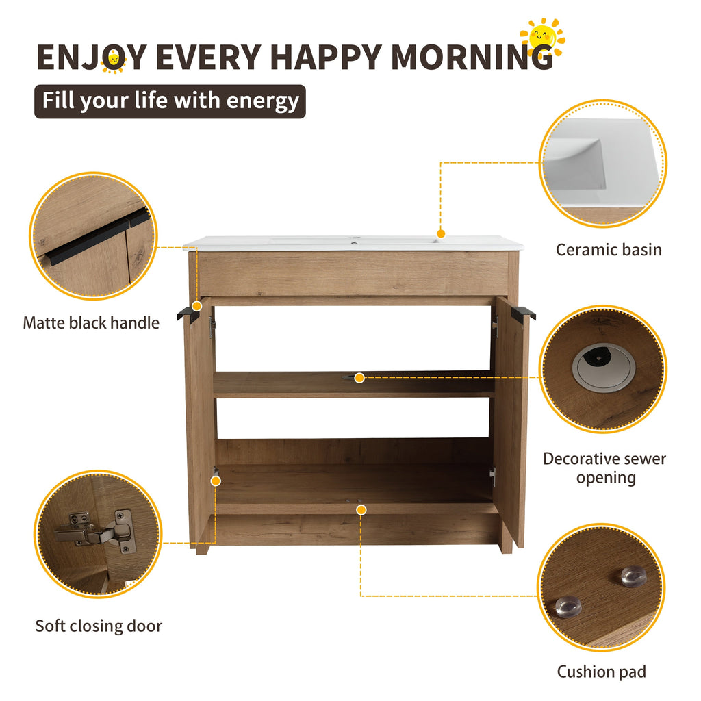 Beingnext 24/30/36 Waschtisch mit Waschbecken, freistehender Waschtisch mit Soft-Close-Tür und verstellbarem Regal