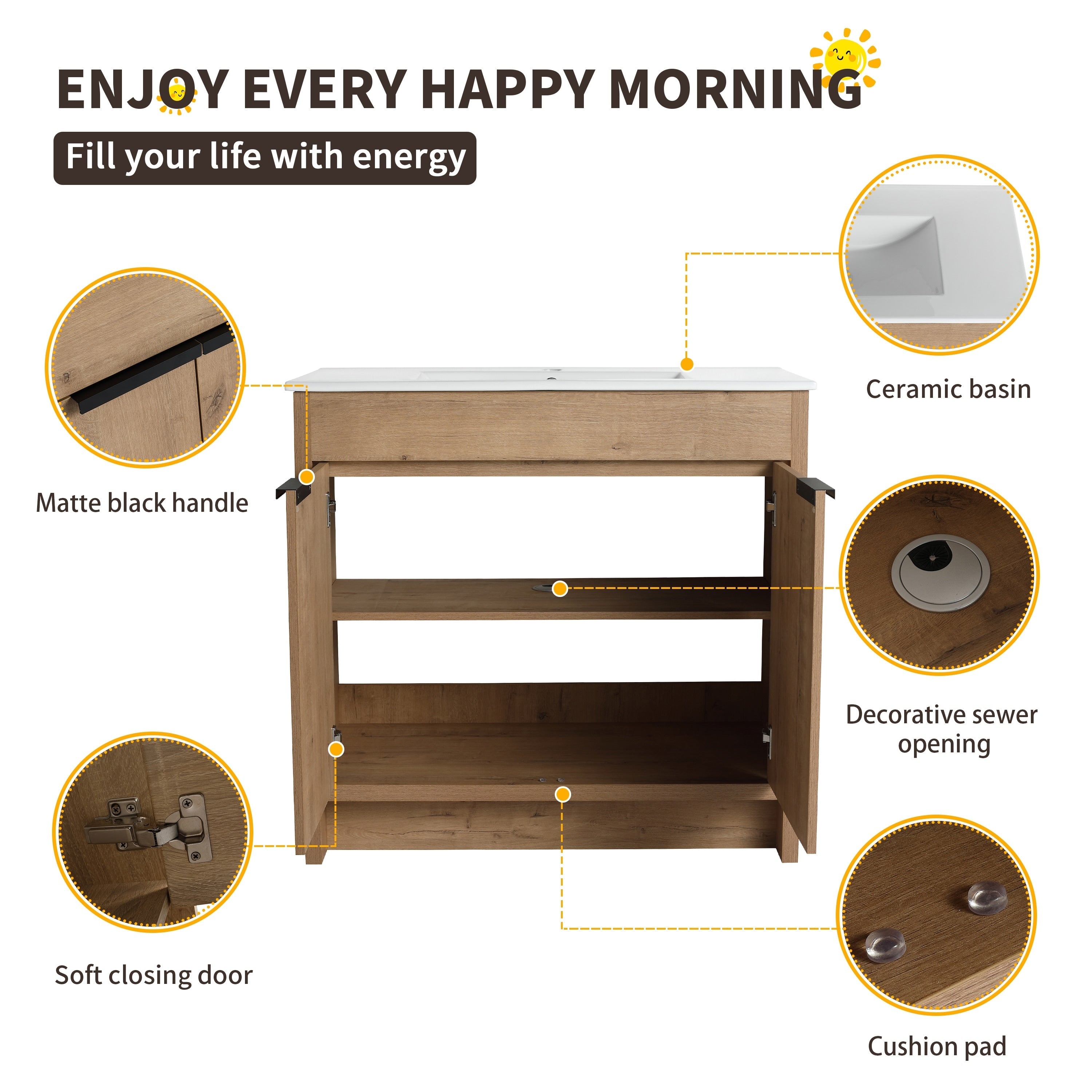 Beingnext 24/30/36 Waschtisch mit Waschbecken, freistehender Waschtisch mit Soft-Close-Tür und verstellbarem Regal