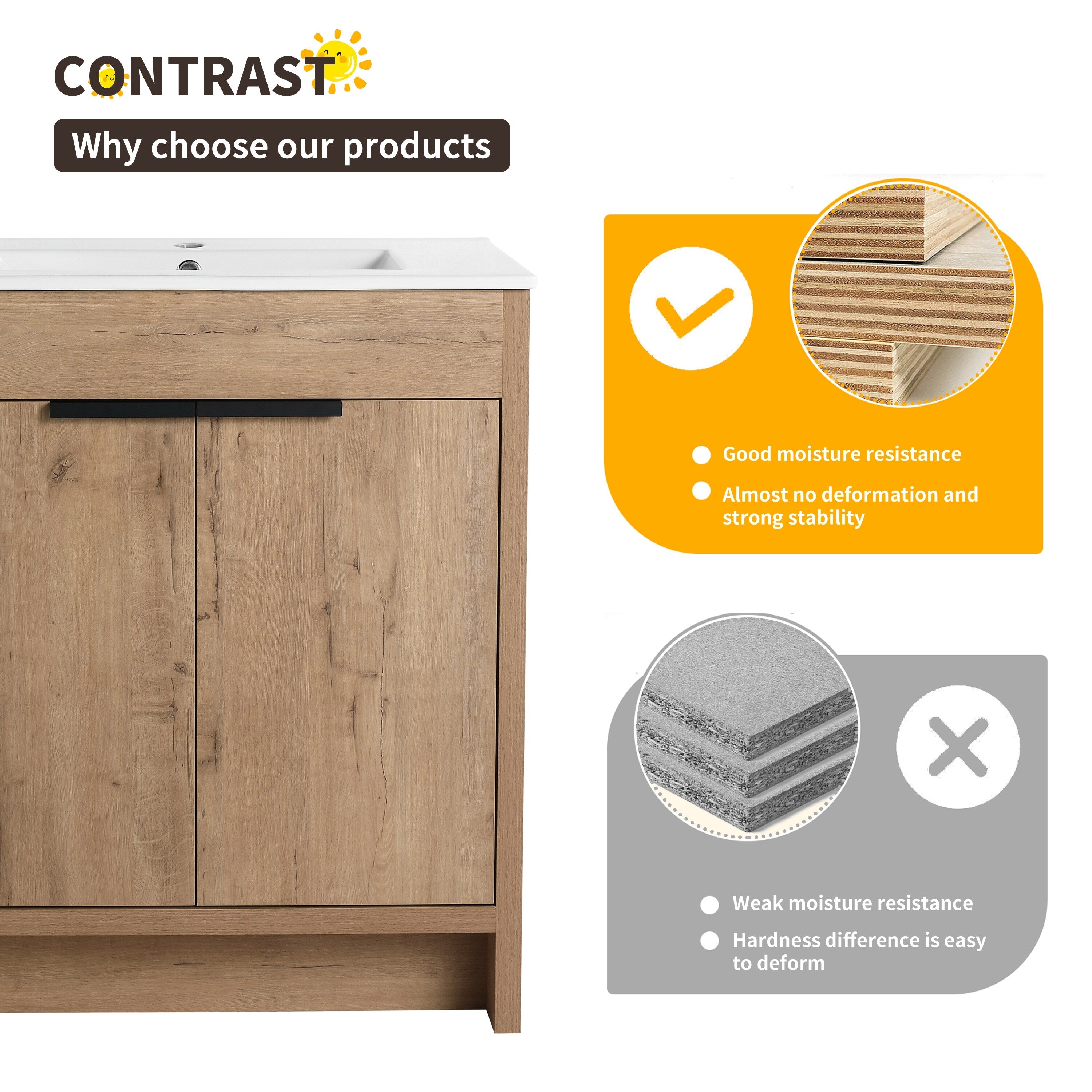 Beingnext 24/30/36 Waschtisch mit Waschbecken, freistehender Waschtisch mit Soft-Close-Tür und verstellbarem Regal