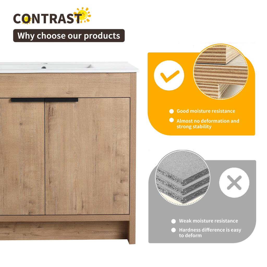 Beingnext 24/30/36 Waschtisch mit Waschbecken, freistehender Waschtisch mit Soft-Close-Tür und verstellbarem Regal