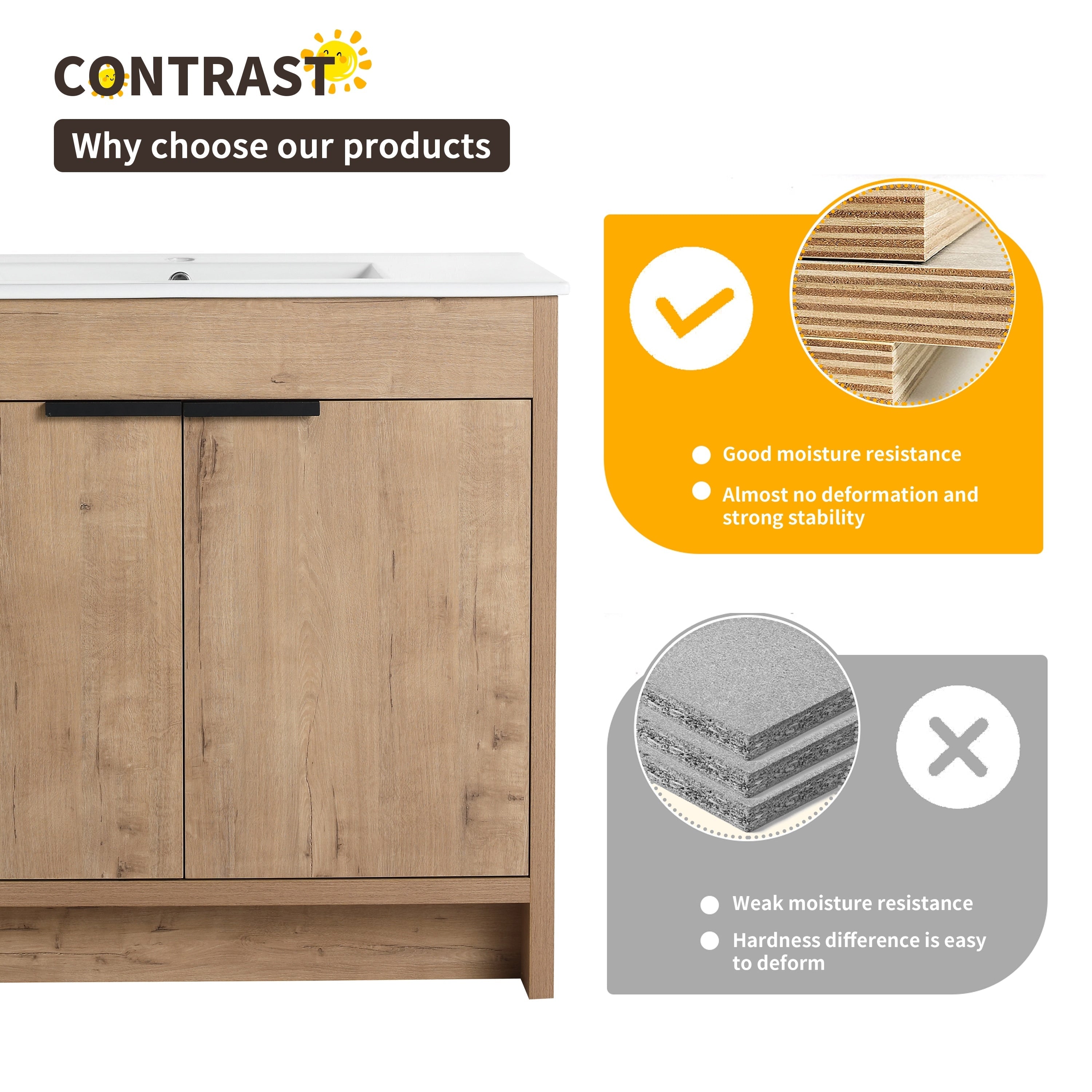 Beingnext 24/30/36 Waschtisch mit Waschbecken, freistehender Waschtisch mit Soft-Close-Tür und verstellbarem Regal