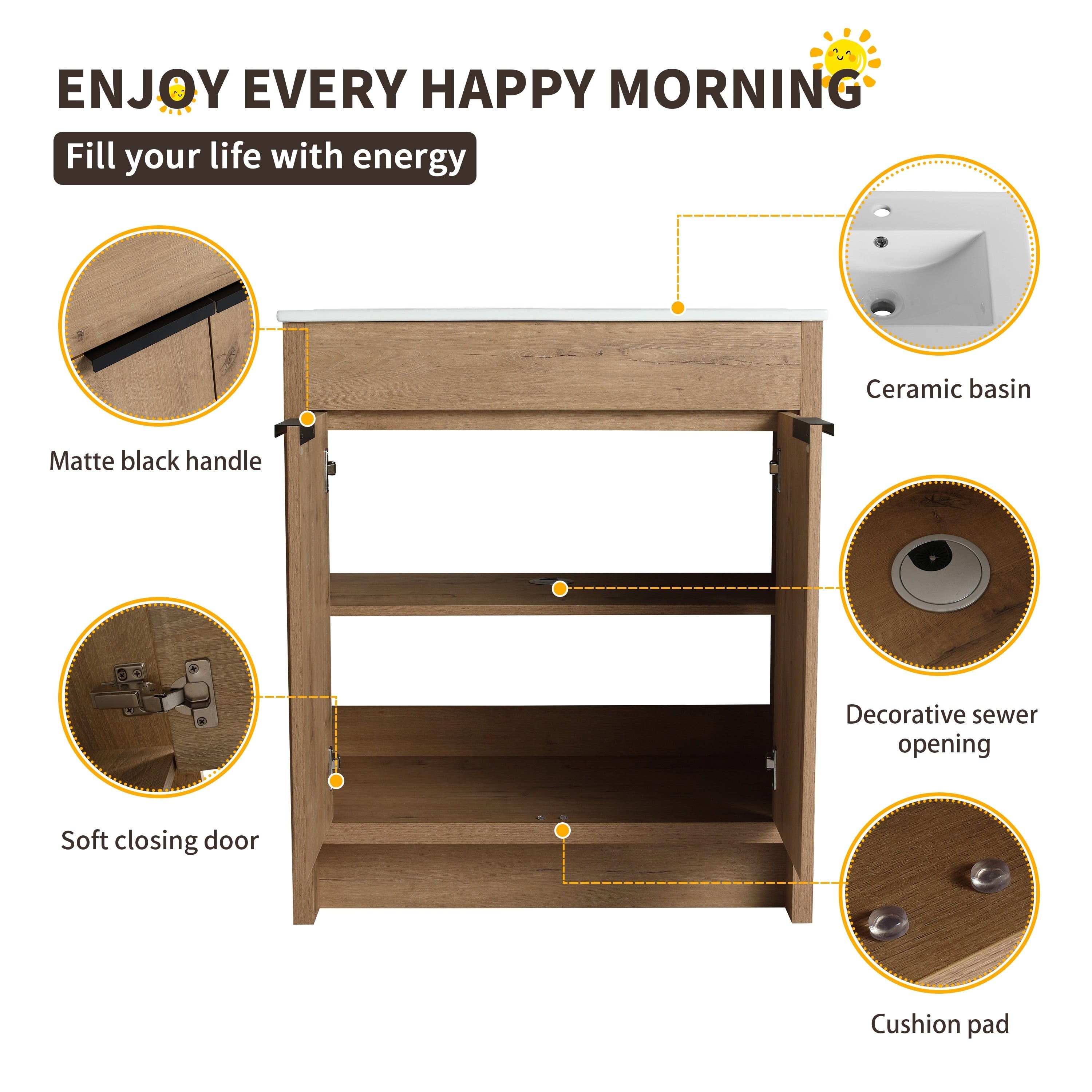 Beingnext 24/30/36 Waschtisch mit Waschbecken, freistehender Waschtisch mit Soft-Close-Tür und verstellbarem Regal