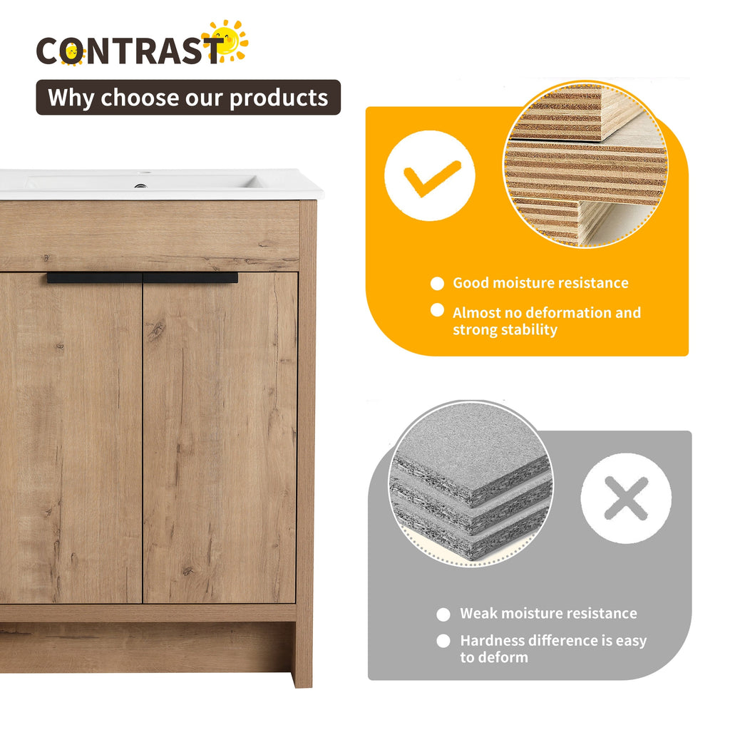 Beingnext 24/30/36 Waschtisch mit Waschbecken, freistehender Waschtisch mit Soft-Close-Tür und verstellbarem Regal