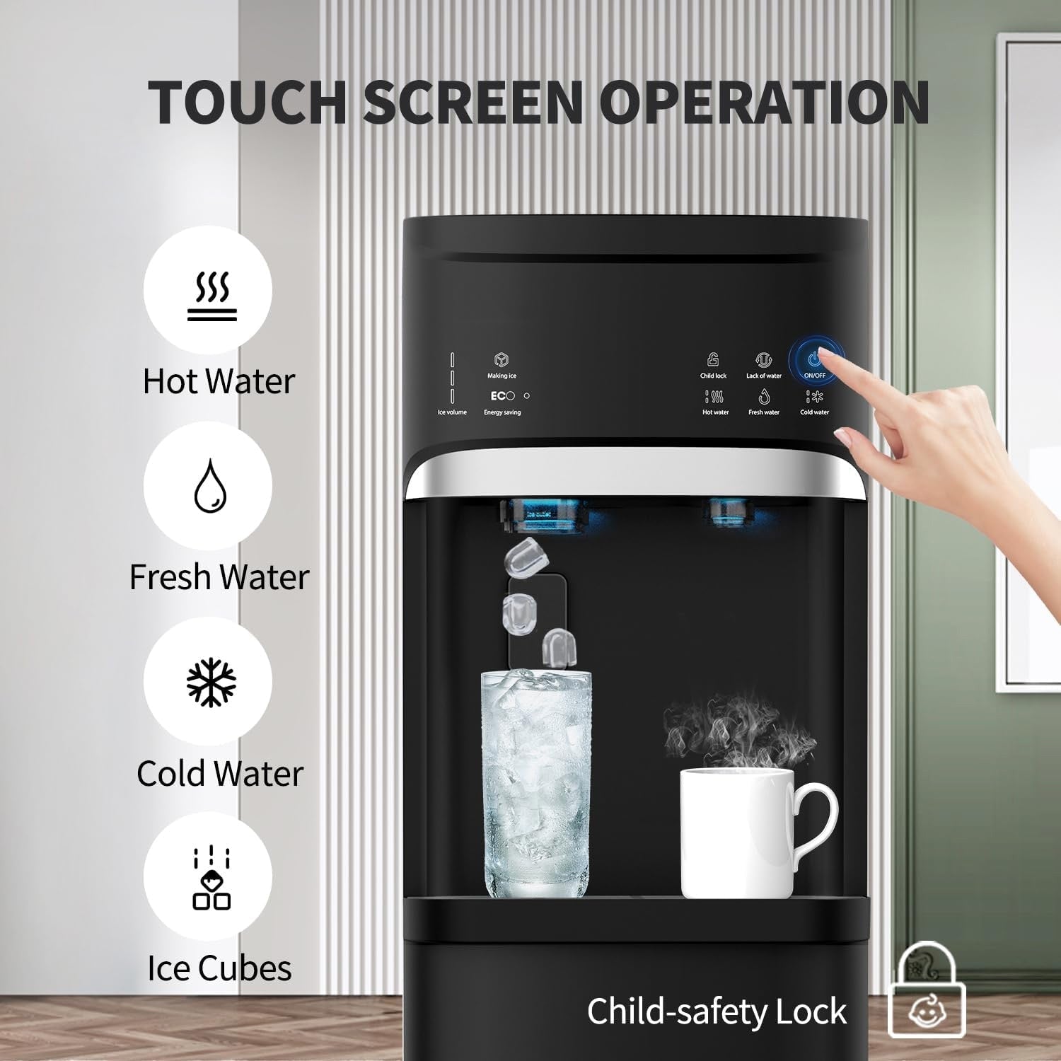 Schwarzer 3-in-1-Wasserspender für heißes und kaltes Wasser mit Eiswürfelbereiter