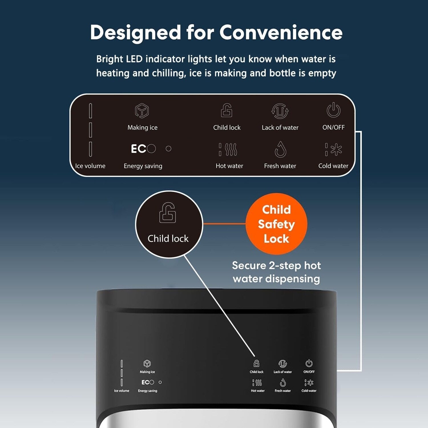 Schwarzer 3-in-1-Wasserspender für heißes und kaltes Wasser mit Eiswürfelbereiter