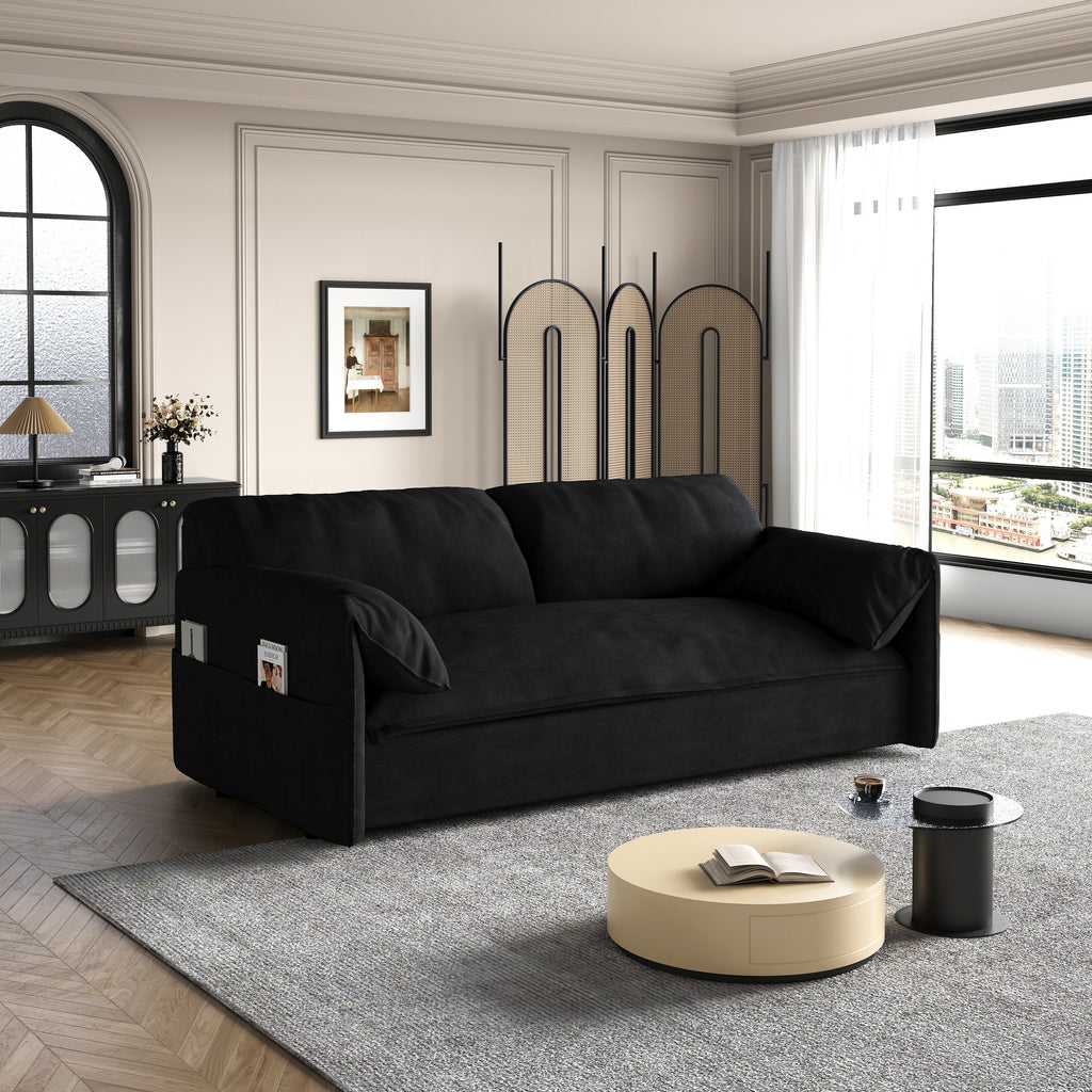 Schwarzes 63,8 cm langes 3-in-1-Samtsofa mit Ausziehfunktion und seitlichem Stauraum für das Wohnzimmer