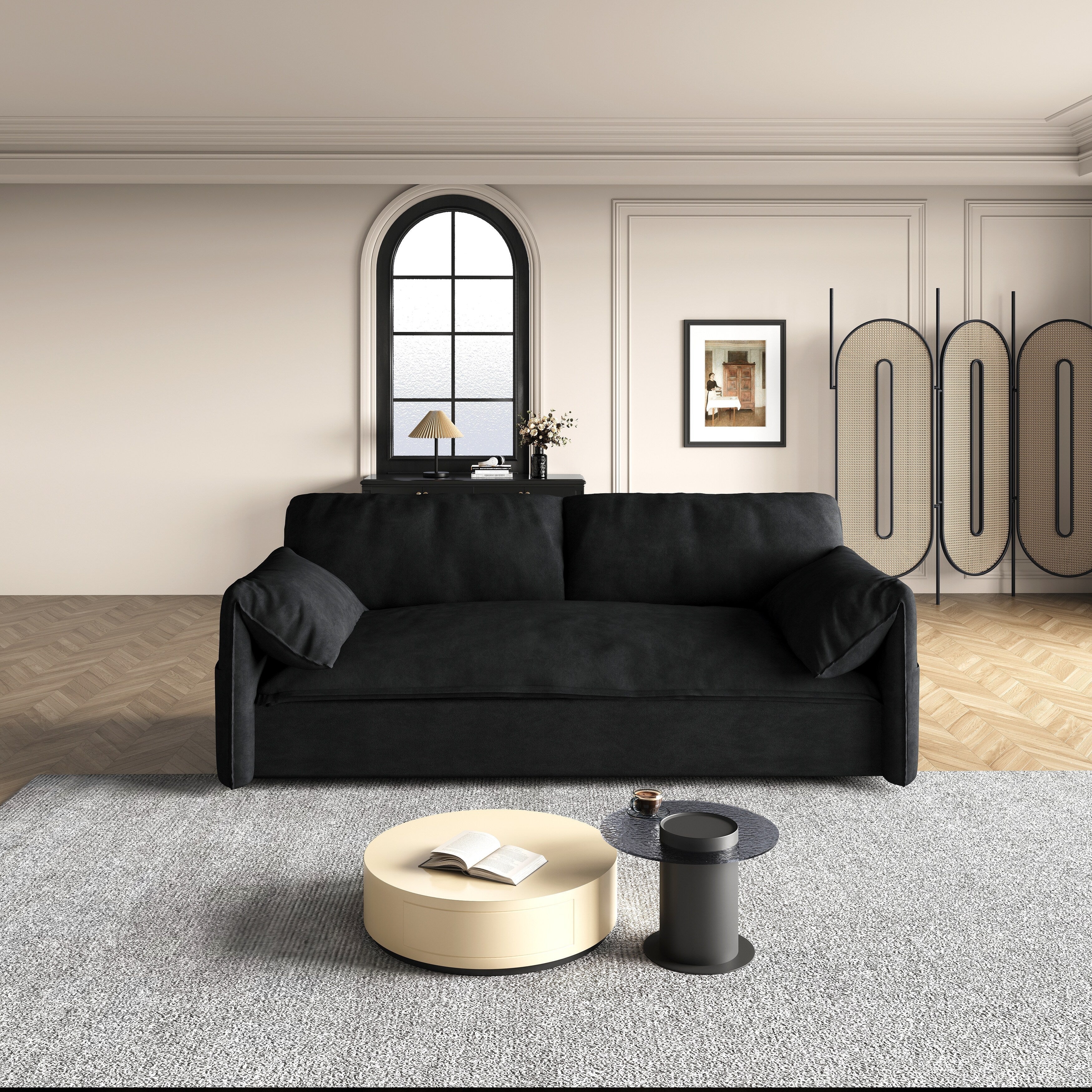 Schwarzes 63,8 cm langes 3-in-1-Samtsofa mit Ausziehfunktion und seitlichem Stauraum für das Wohnzimmer