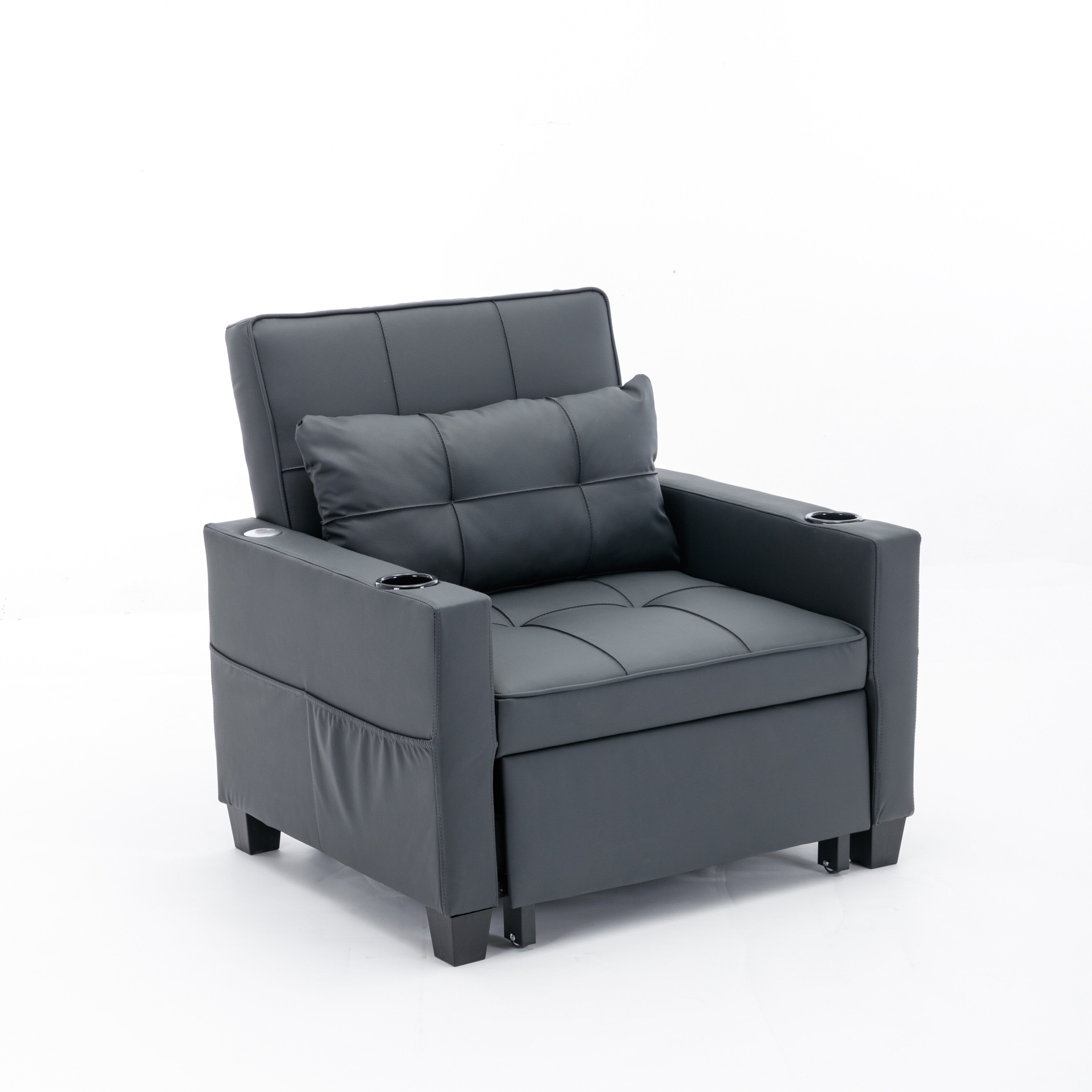 Schwarzes Schlafsofa aus Kunstleder mit USB-Anschlüssen