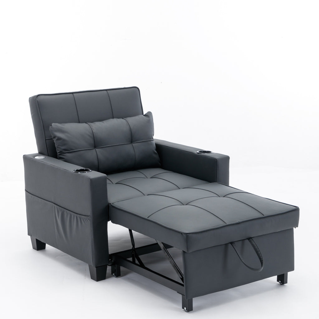 Schwarzes Schlafsofa aus Kunstleder mit USB-Anschlüssen