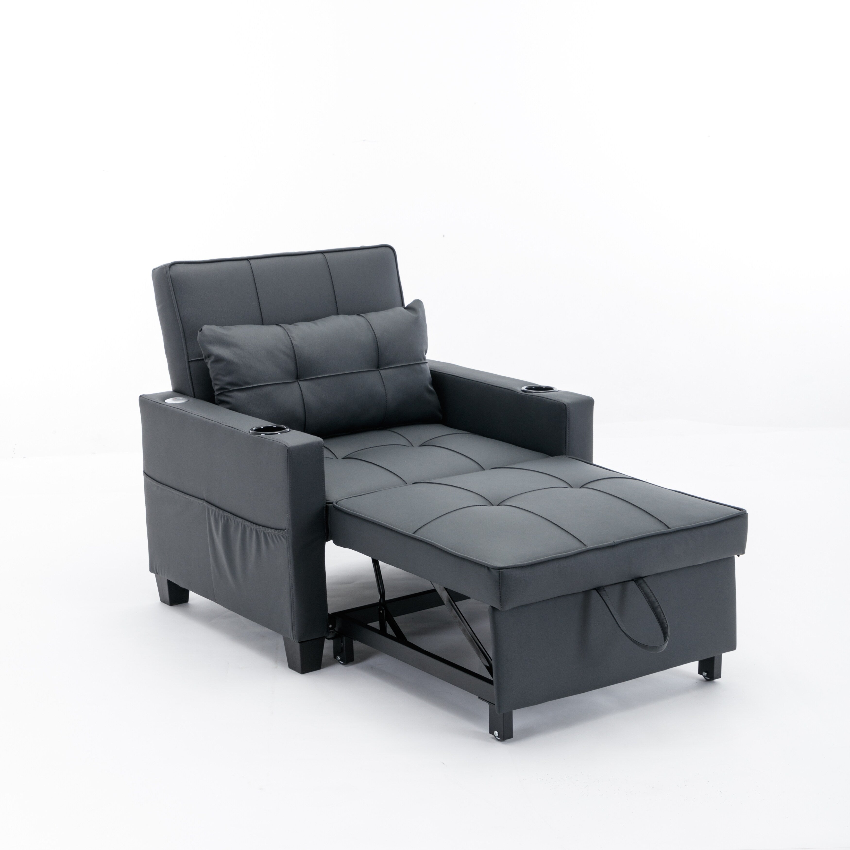 Schwarzes Schlafsofa aus Kunstleder mit USB-Anschlüssen