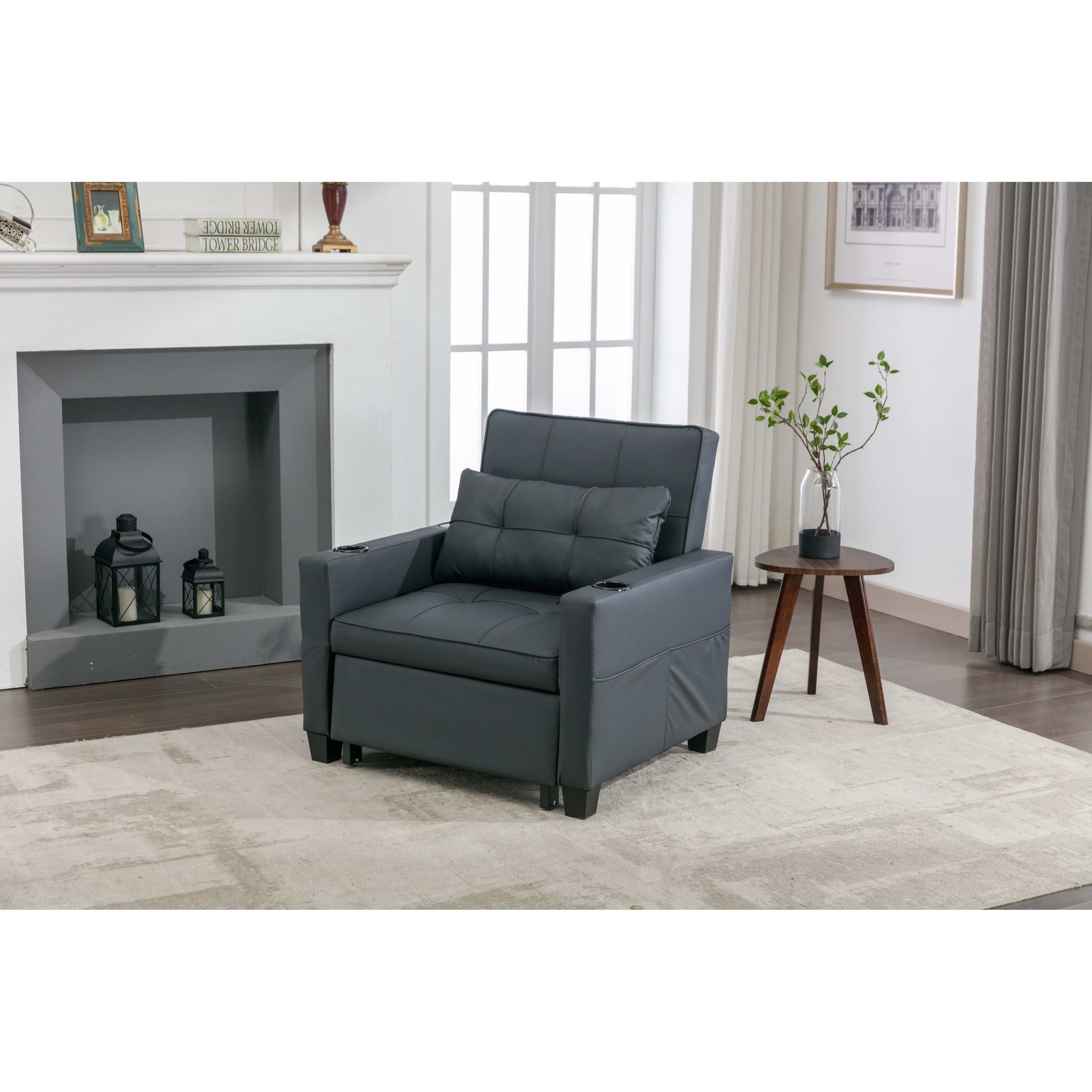 Schwarzes Schlafsofa aus Kunstleder mit USB-Anschlüssen