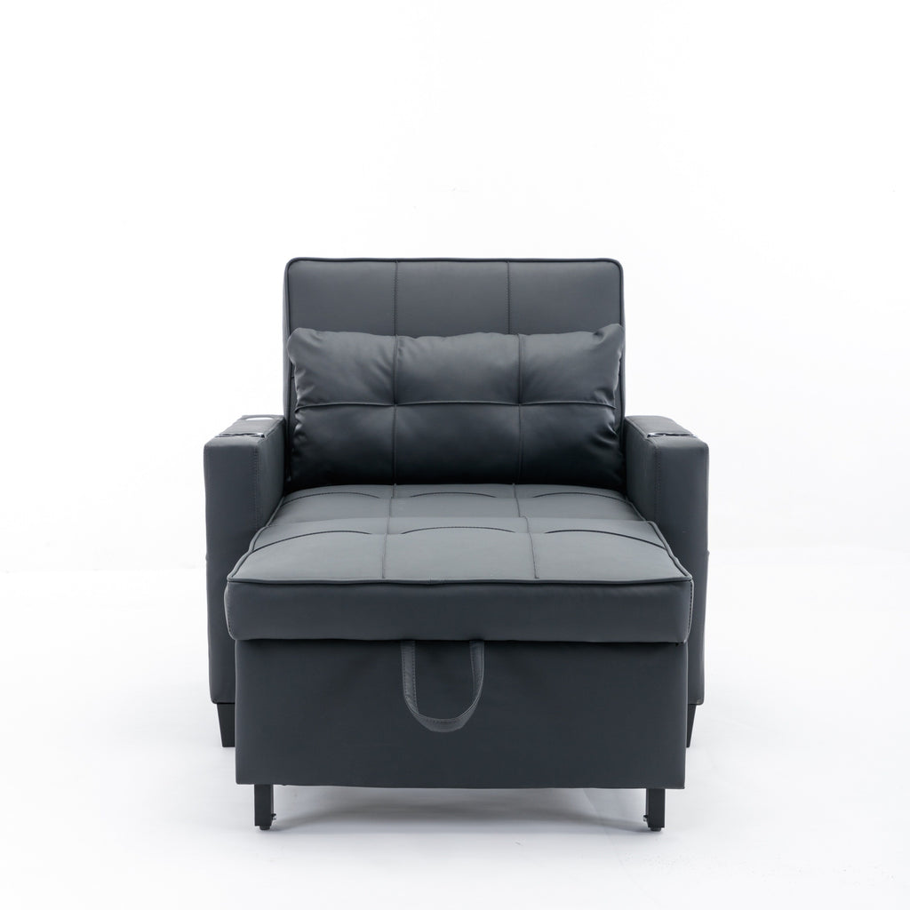 Schwarzes Schlafsofa aus Kunstleder mit USB-Anschlüssen