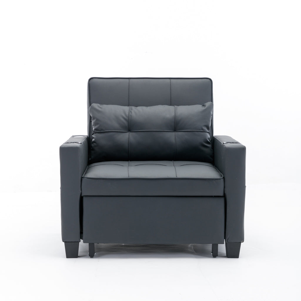 Schwarzes Schlafsofa aus Kunstleder mit USB-Anschlüssen