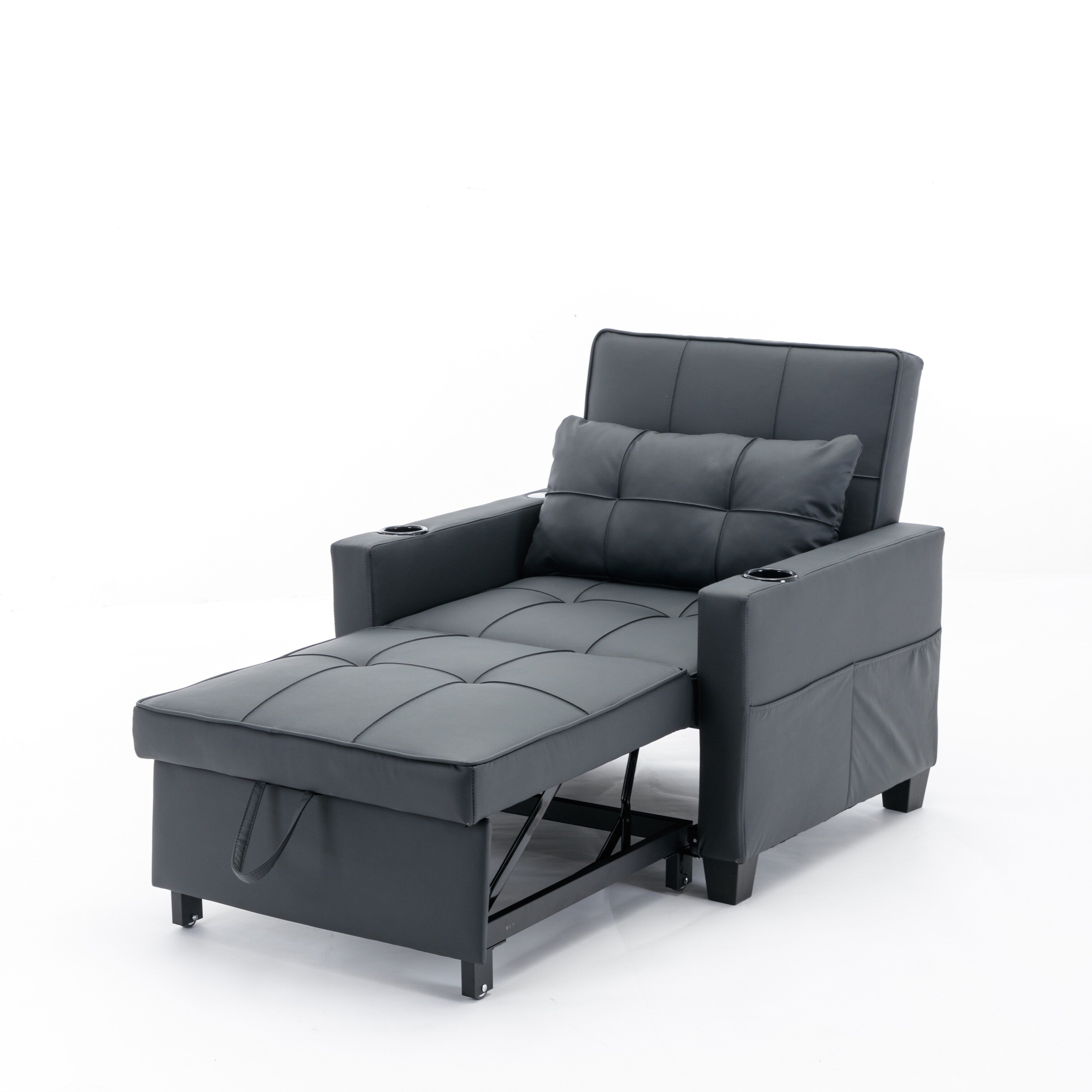 Schwarzes Schlafsofa aus Kunstleder mit USB-Anschlüssen