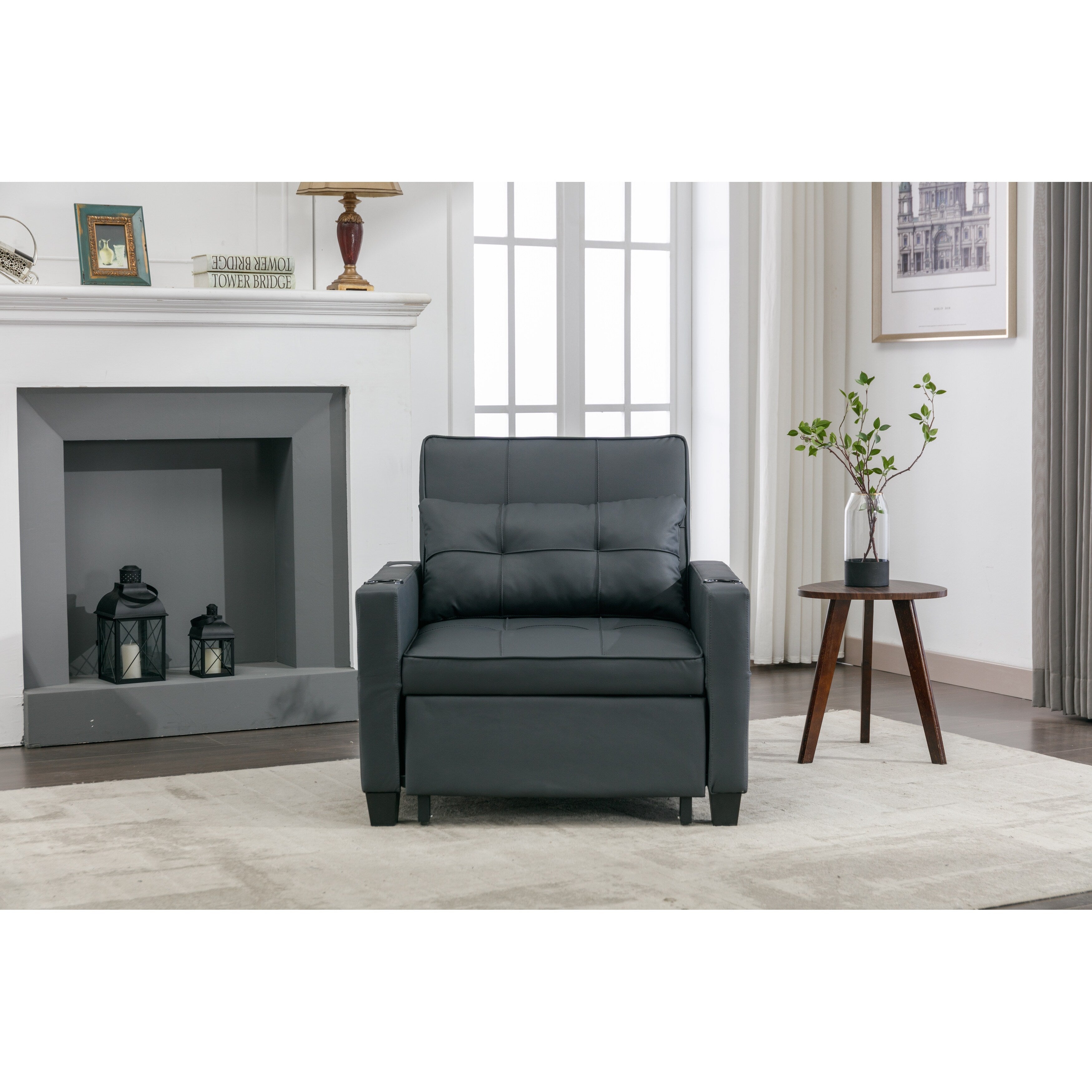 Schwarzes Schlafsofa aus Kunstleder mit USB-Anschlüssen