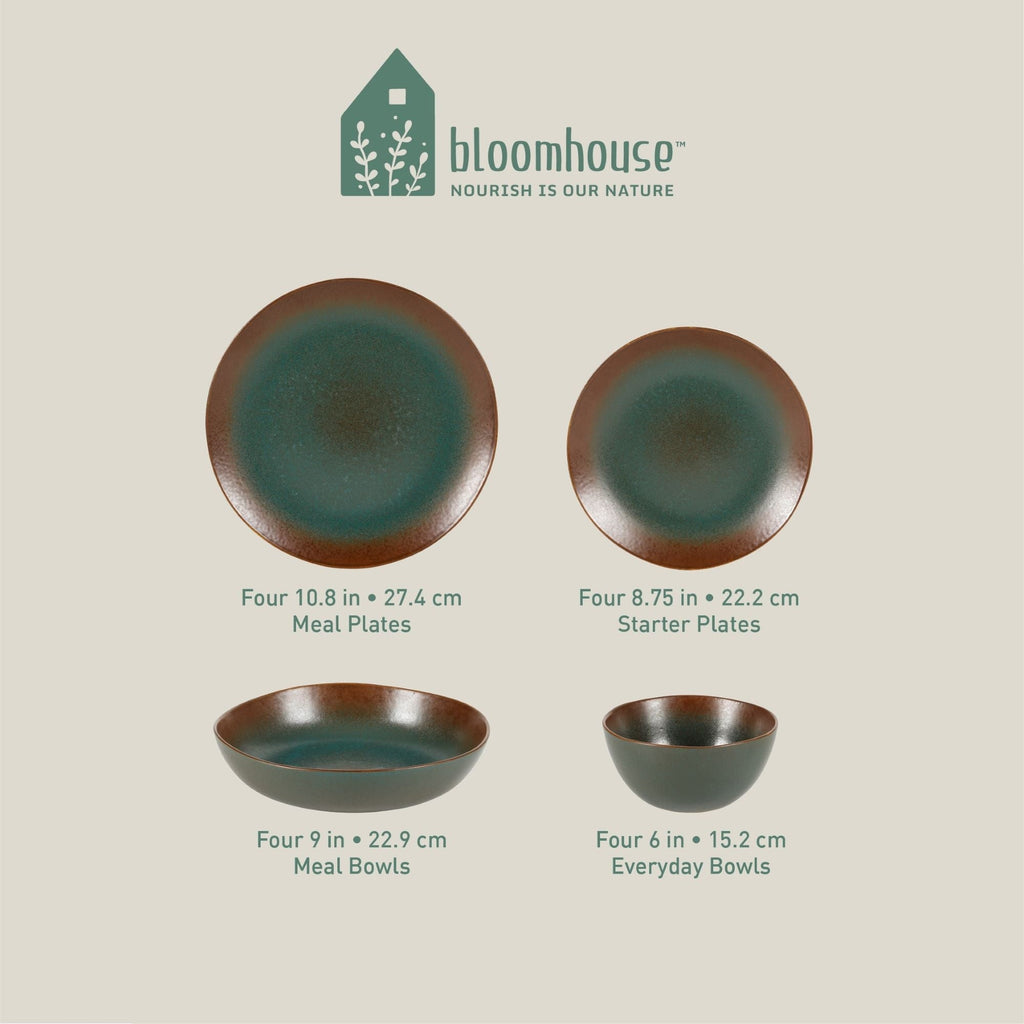 Bloomhouse Palermo Sun 16-teiliges Geschirrset aus Steingut mit reaktiver Glasur, bestehend aus Tellern und Schüsseln mit Doppelschüssel