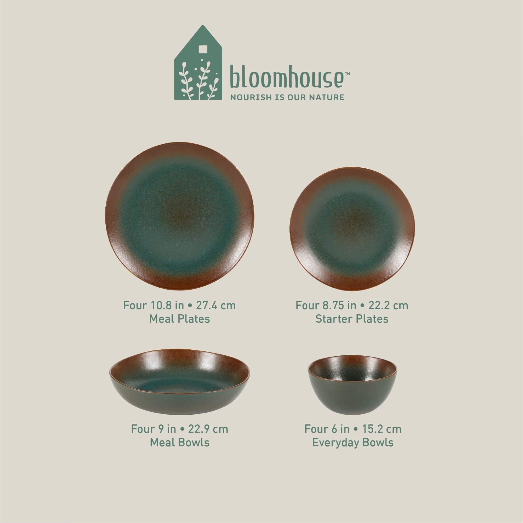 Bloomhouse Palermo Sun 16-teiliges Geschirrset aus Steingut mit reaktiver Glasur, bestehend aus Tellern und Schüsseln mit Doppelschüssel