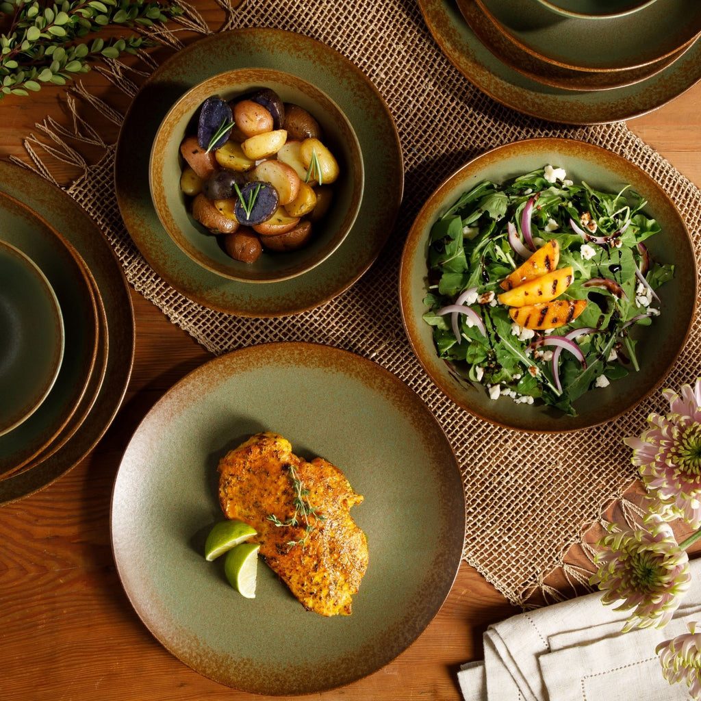 Bloomhouse Palermo Sun 16-teiliges Geschirrset aus Steingut mit reaktiver Glasur, bestehend aus Tellern und Schüsseln mit Doppelschüssel