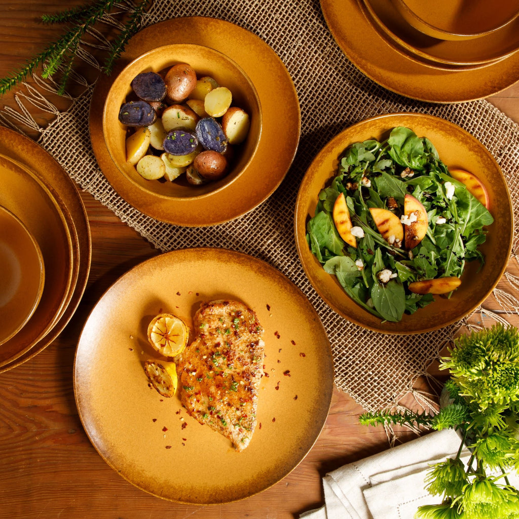 Bloomhouse Palermo Sun 16-teiliges Geschirrset aus Steingut mit reaktiver Glasur, bestehend aus Tellern und Schüsseln mit Doppelschüssel